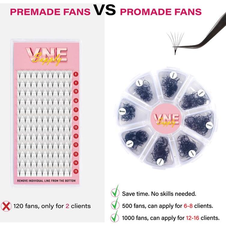 Extensiones de Pestañas VNE 500 Ventiladores 9-16mm Rizado D