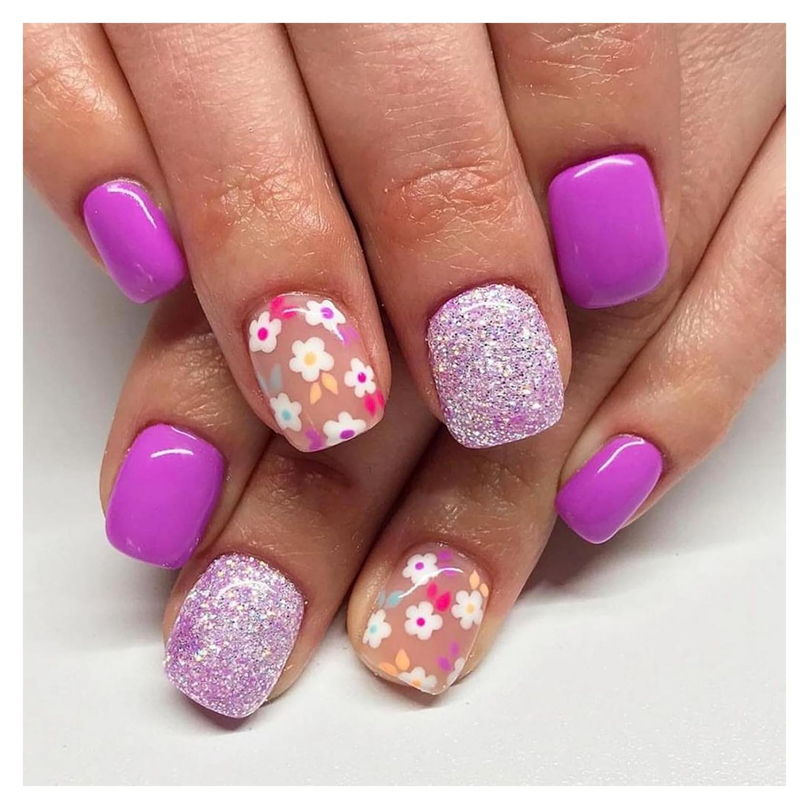 24 Uñas Postizas Cortas Cuadradas ASABITE Flores Moradas