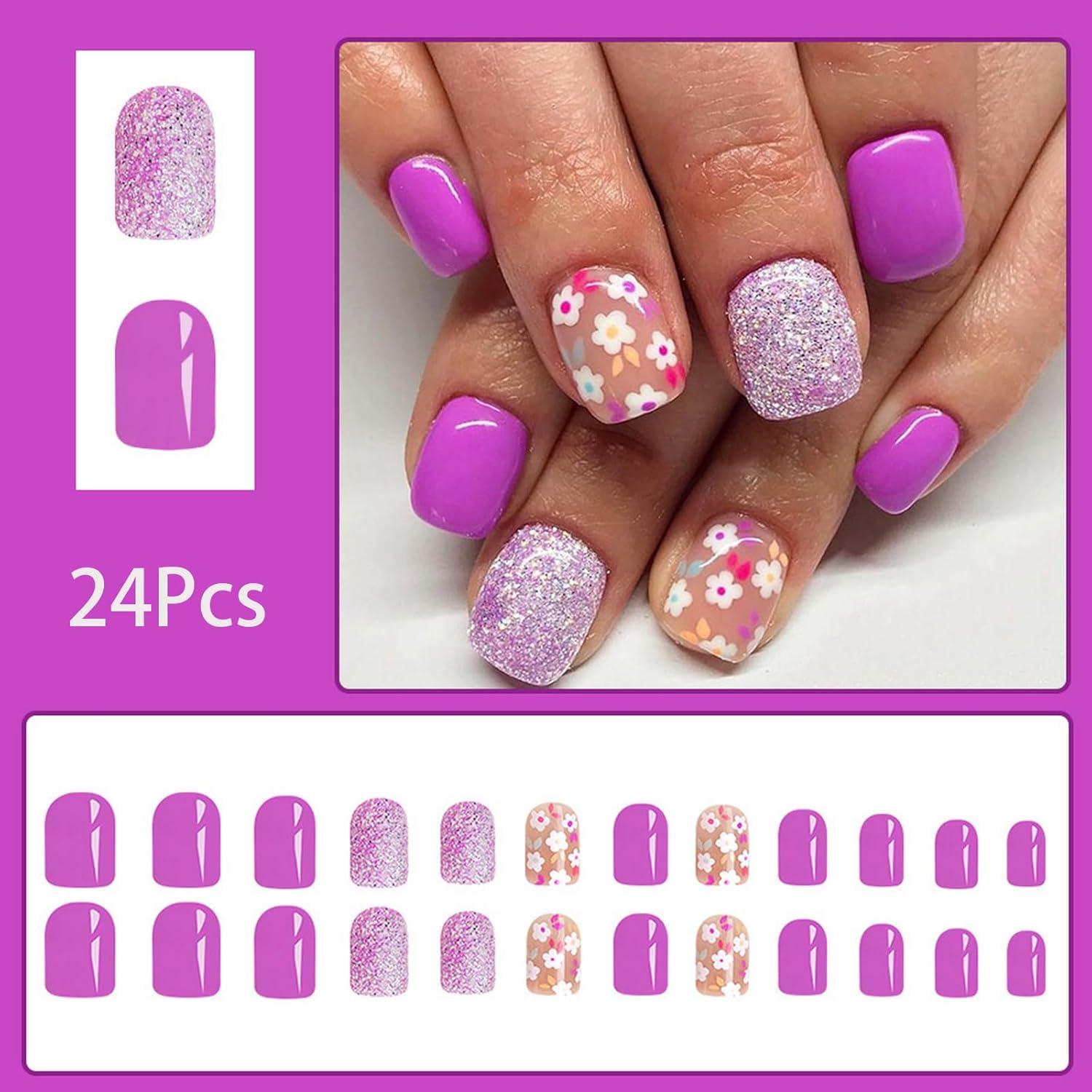 24 Uñas Postizas Cortas Cuadradas ASABITE Flores Moradas