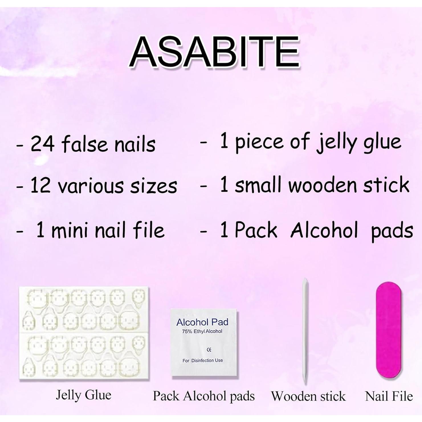 24 Uñas Postizas Cortas Cuadradas ASABITE Flores Moradas