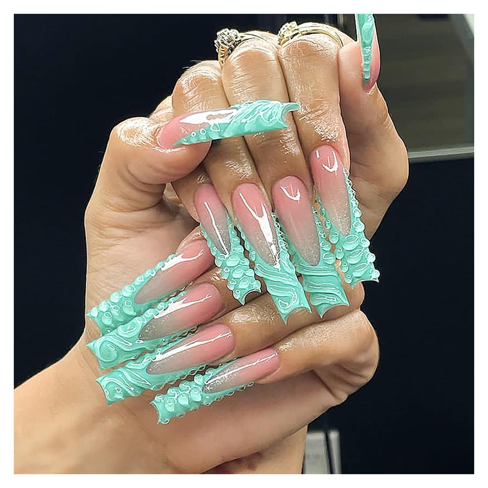 Uñas Postizas Largas Coffin Francesas Verdes 3D - FOXIIU