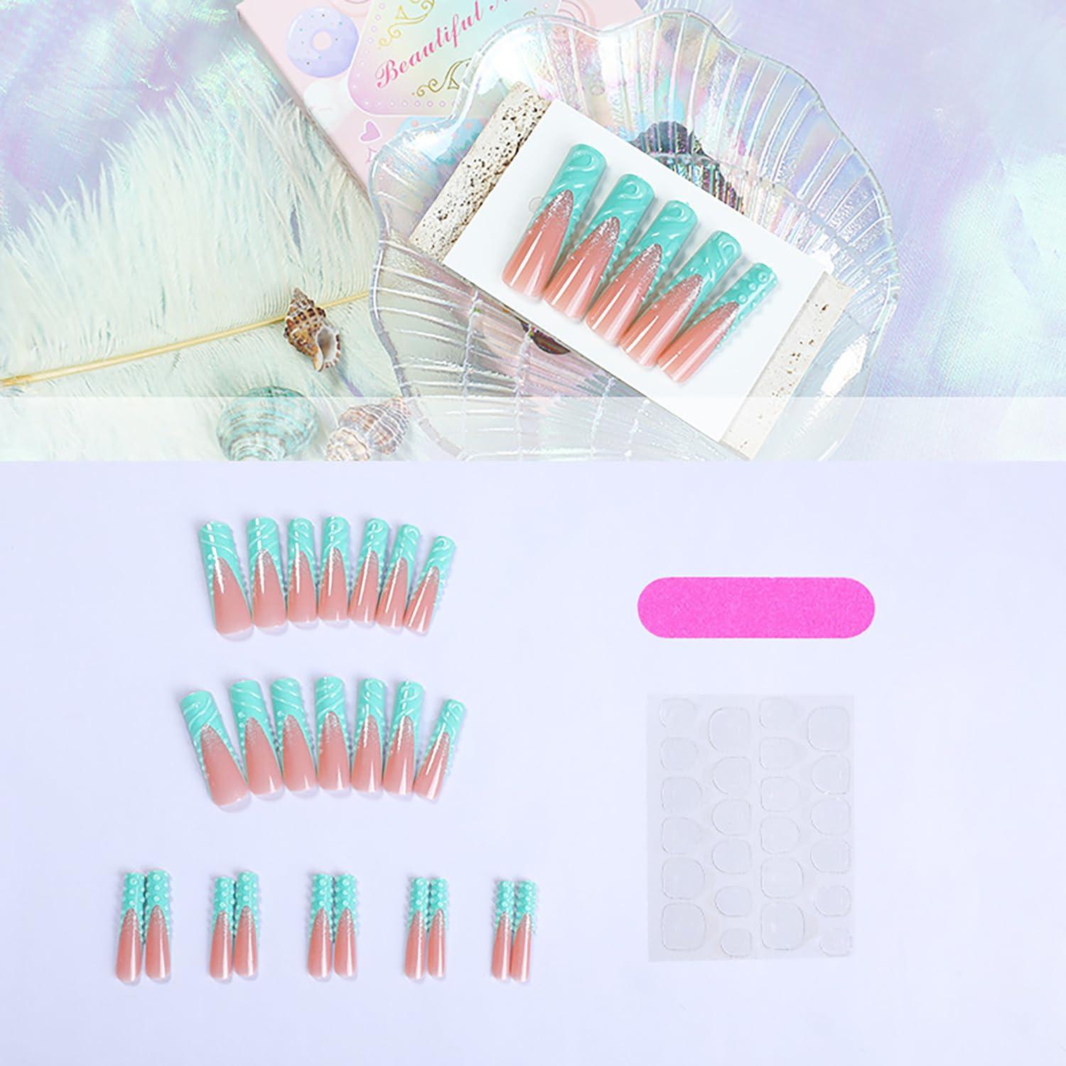 Uñas Postizas Largas Coffin Francesas Verdes 3D - FOXIIU