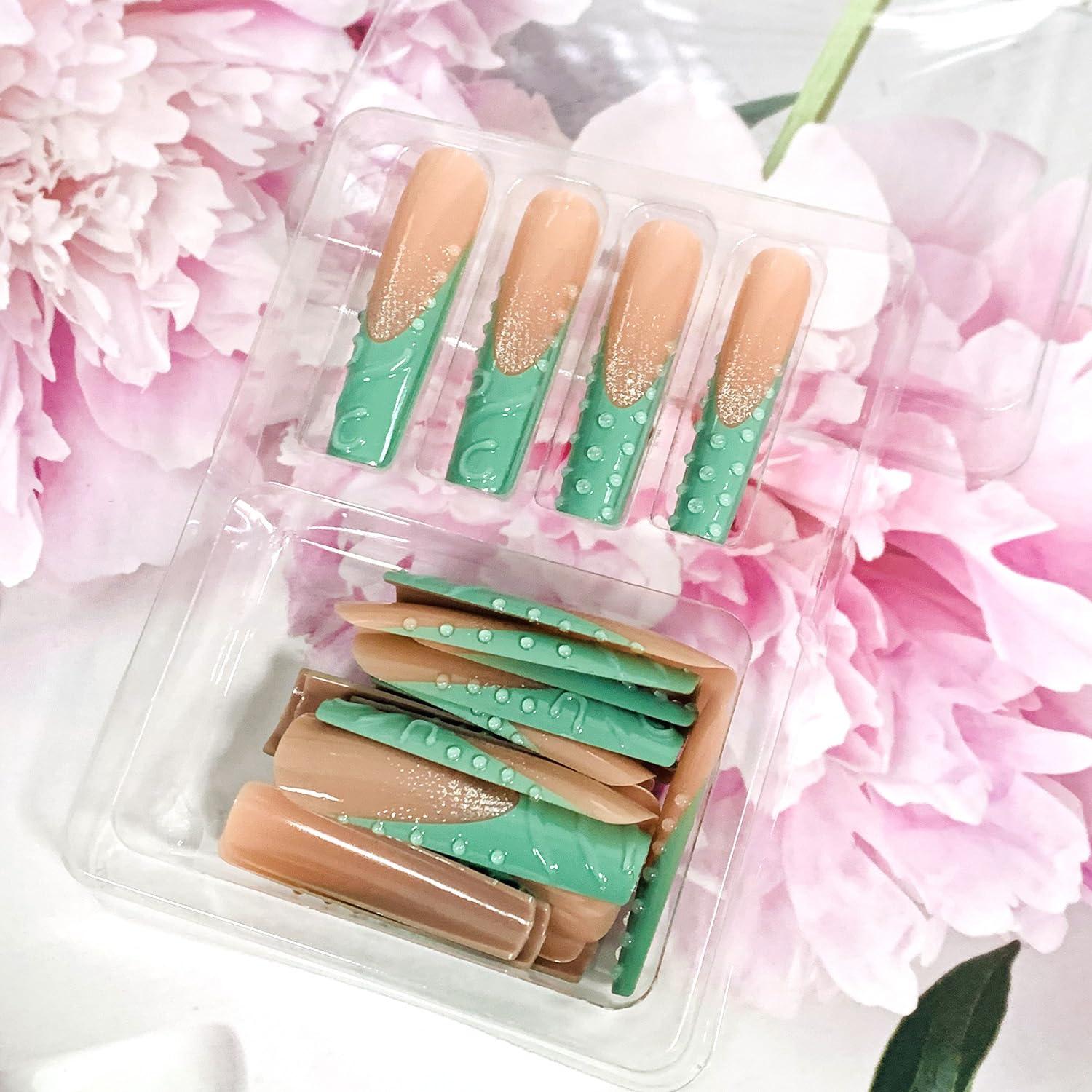 Uñas Postizas Largas Coffin Francesas Verdes 3D - FOXIIU