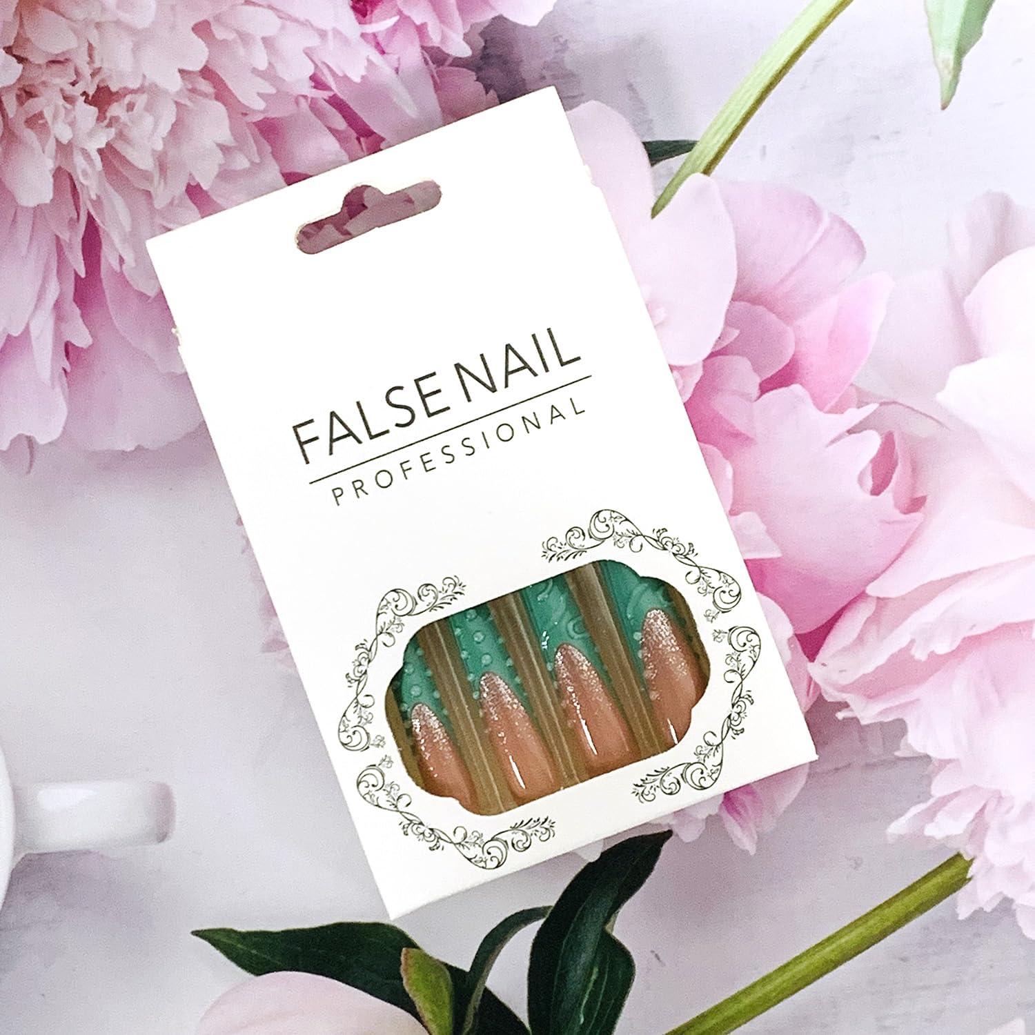 Uñas Postizas Largas Coffin Francesas Verdes 3D - FOXIIU