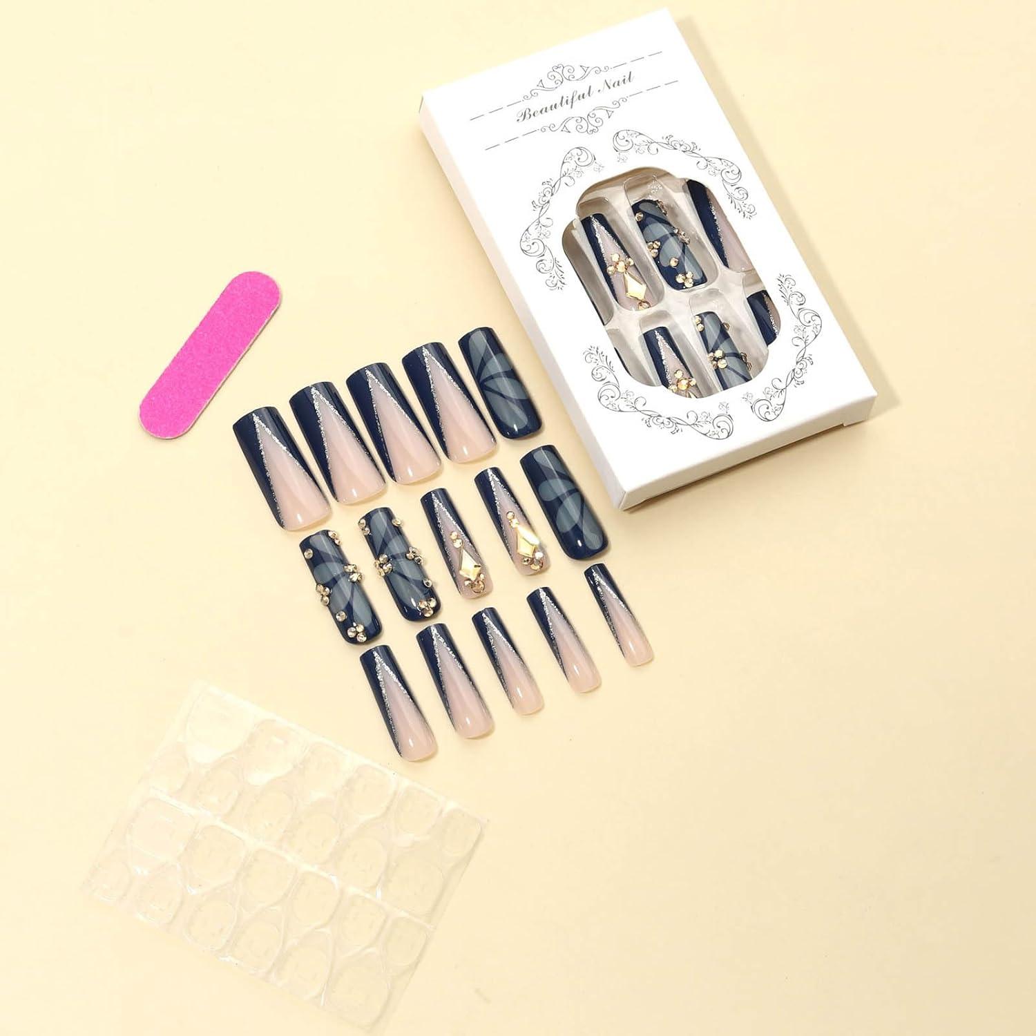 Uñas Postizas Cuadradas RTKHFZE 24pcs Azul Oscuro con Diseño