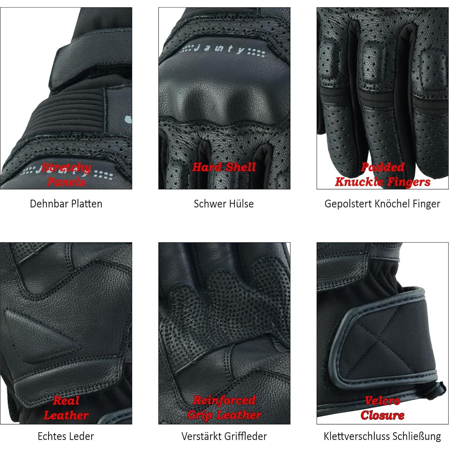 Guantes de Motocicleta Jaunty Racer Black, Cuero, Talla Pequeña