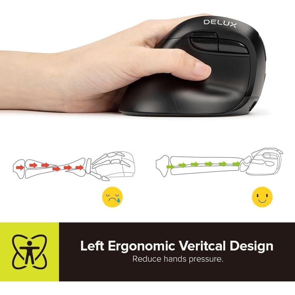 Mouse Vertical Ergonómico Zurdos DeLUX M618ZD, Inalámbrico, 4000 DPI