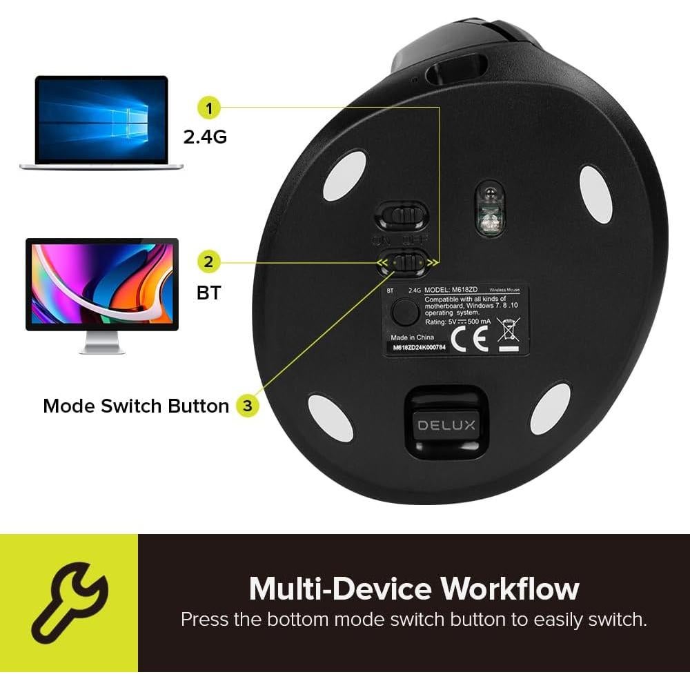 Mouse Vertical Ergonómico Zurdos DeLUX M618ZD, Inalámbrico, 4000 DPI