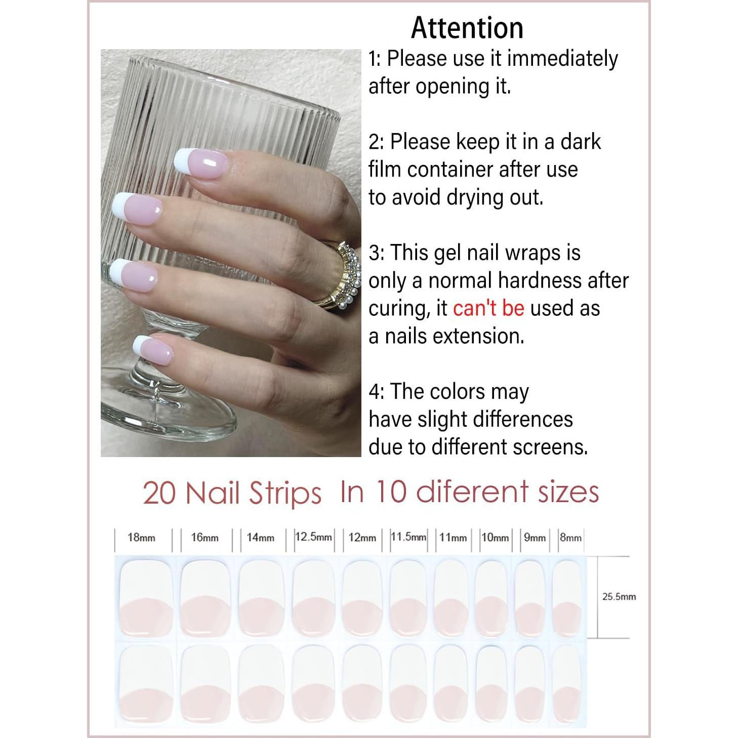 Tiras de Uñas de Gel Semi Curadas Wahrshei 20pcs Francés Clásico