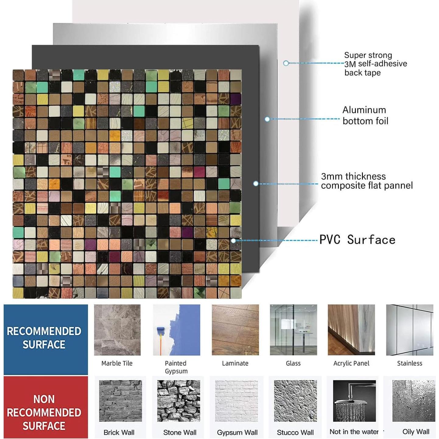 10 Hojas Azulejo Autoadhesivo Sanyeskkiy 30.48x30.48cm Metal