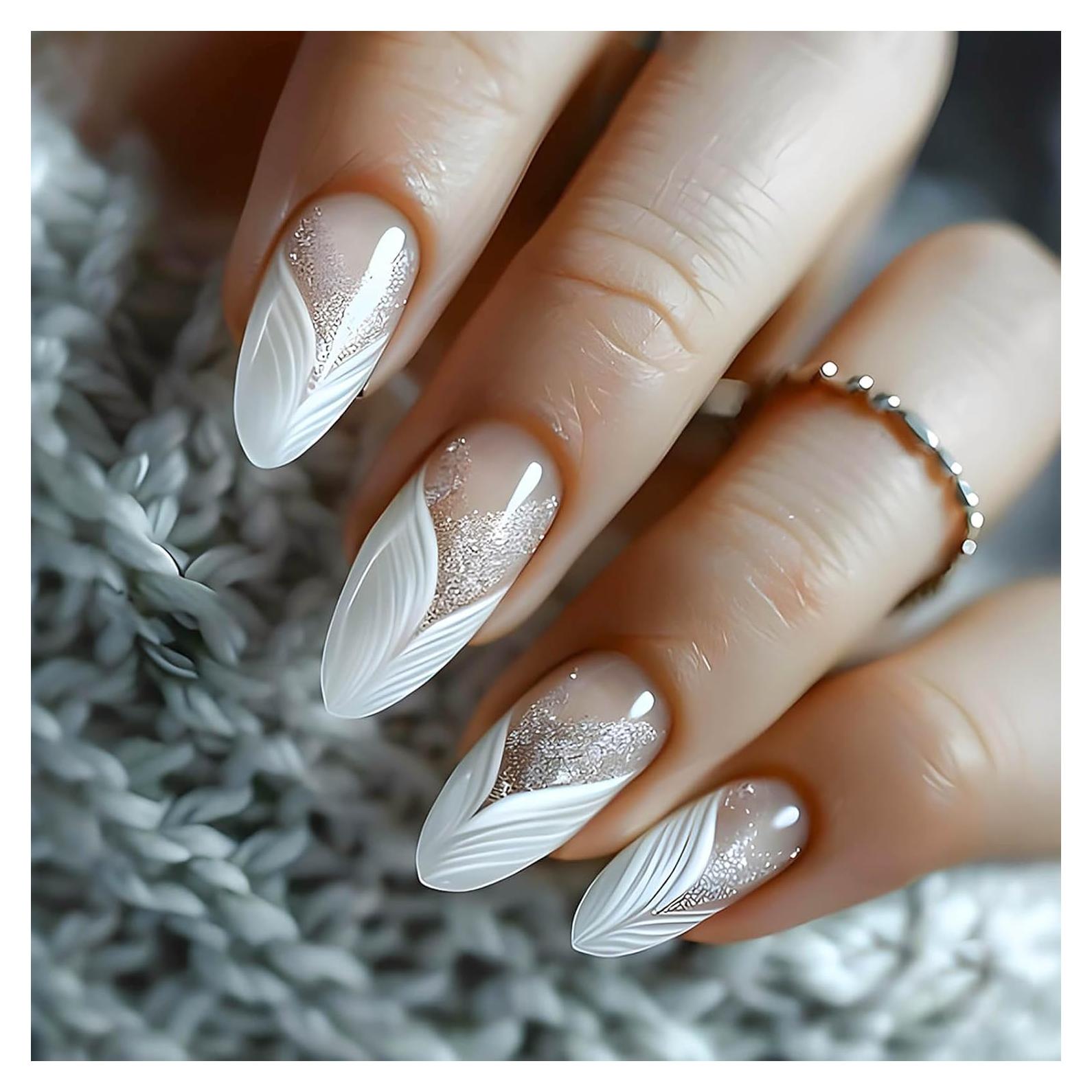 Uñas Postizas Almendra Francesas RUOKEXIN 24Pcs Brillantes