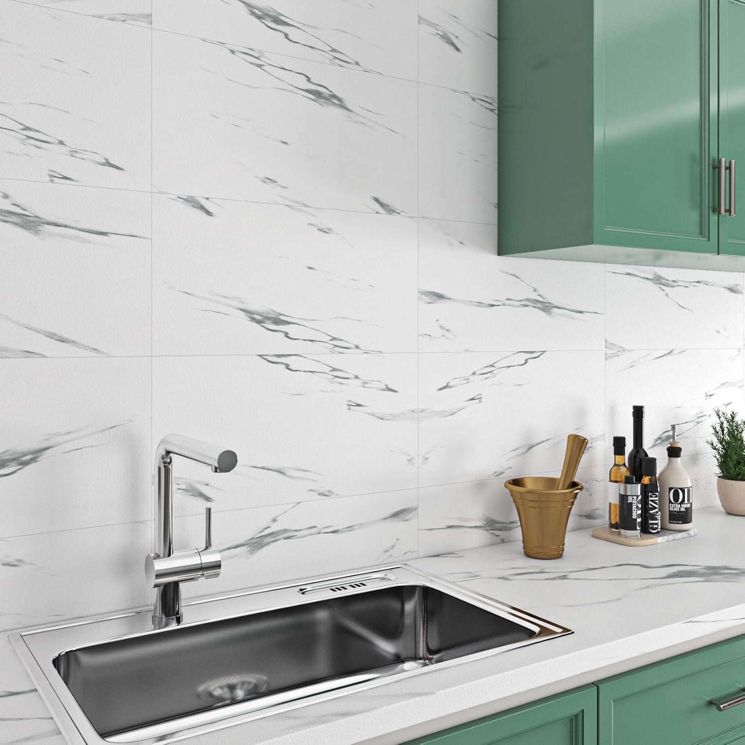 Azulejos Autoadhesivos Livelynine de Mármol Blanco 4 Pcs 30.48x60.96 cm