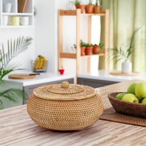 Cesta Redonda de Ratán LAVNTM con Tapa 22 cm para Almacenamiento