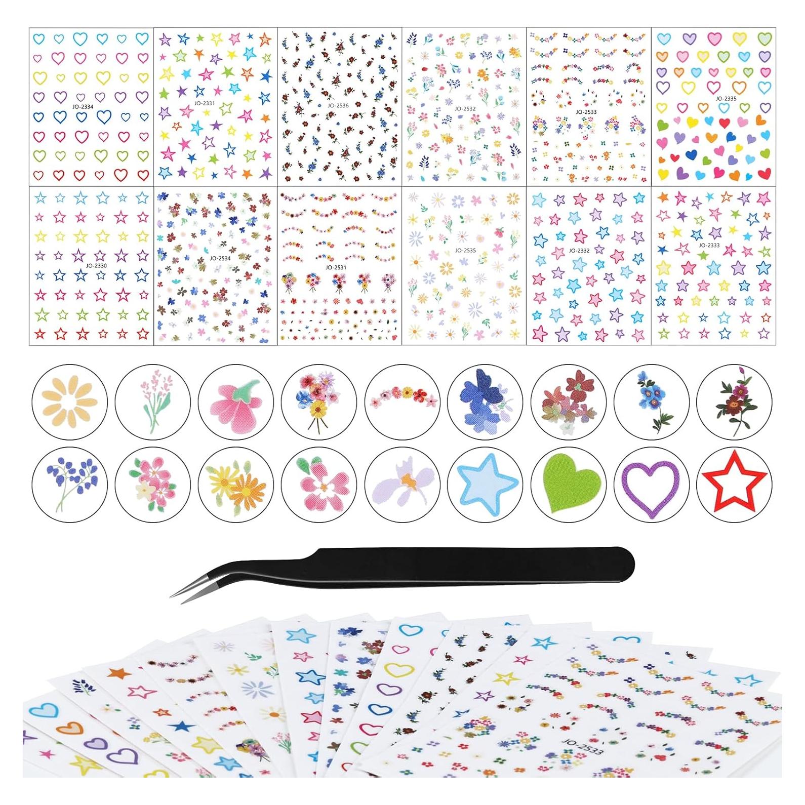 12 Hojas de Pegatinas de Uñas Kikonoke Florales y Kawaii