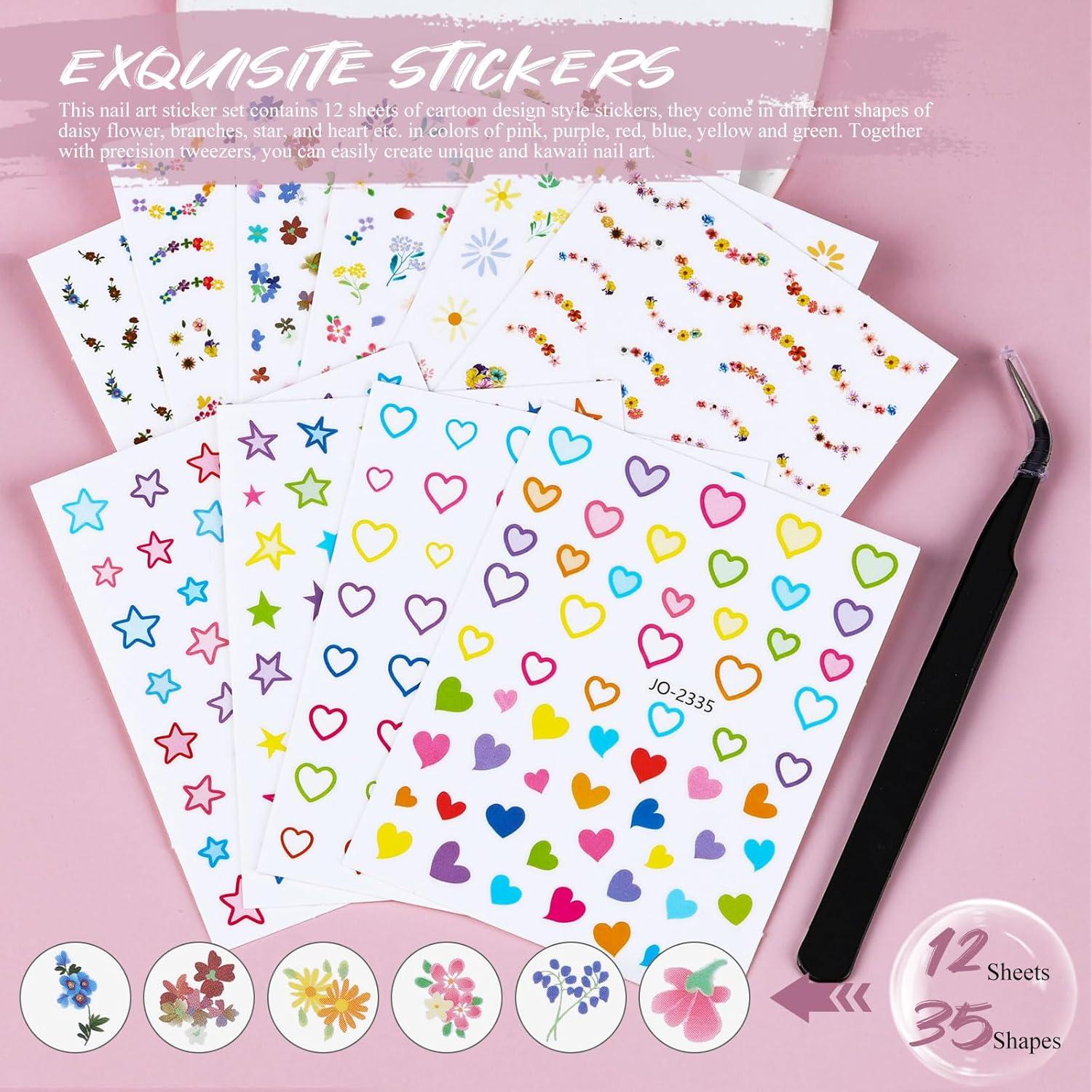 12 Hojas de Pegatinas de Uñas Kikonoke Florales y Kawaii