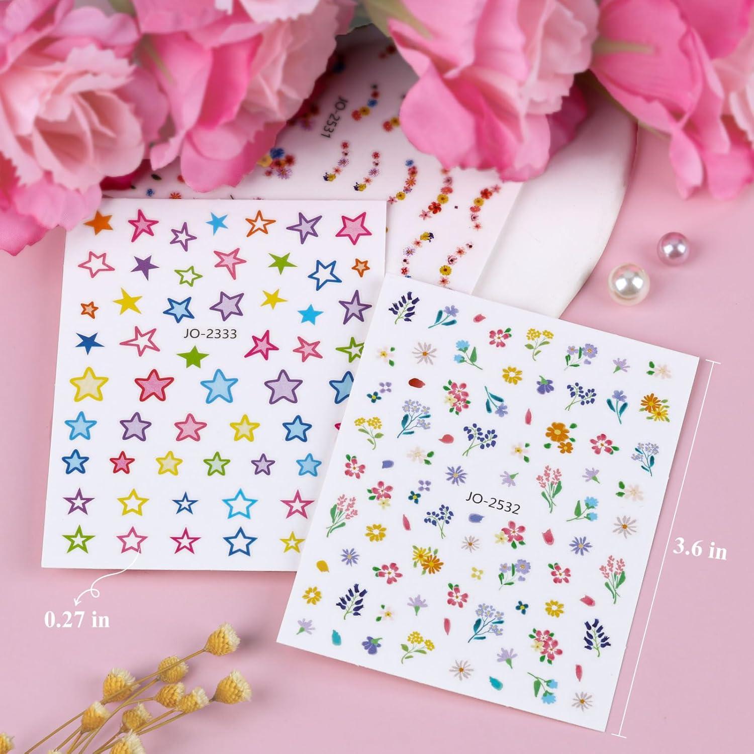 12 Hojas de Pegatinas de Uñas Kikonoke Florales y Kawaii