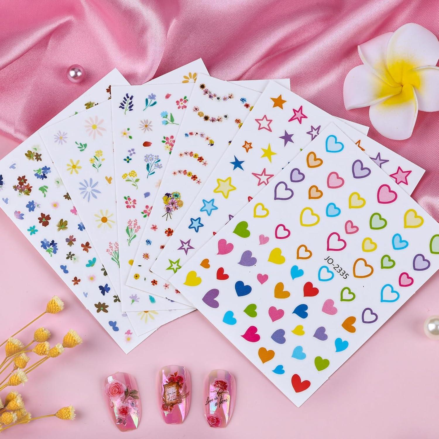 12 Hojas de Pegatinas de Uñas Kikonoke Florales y Kawaii