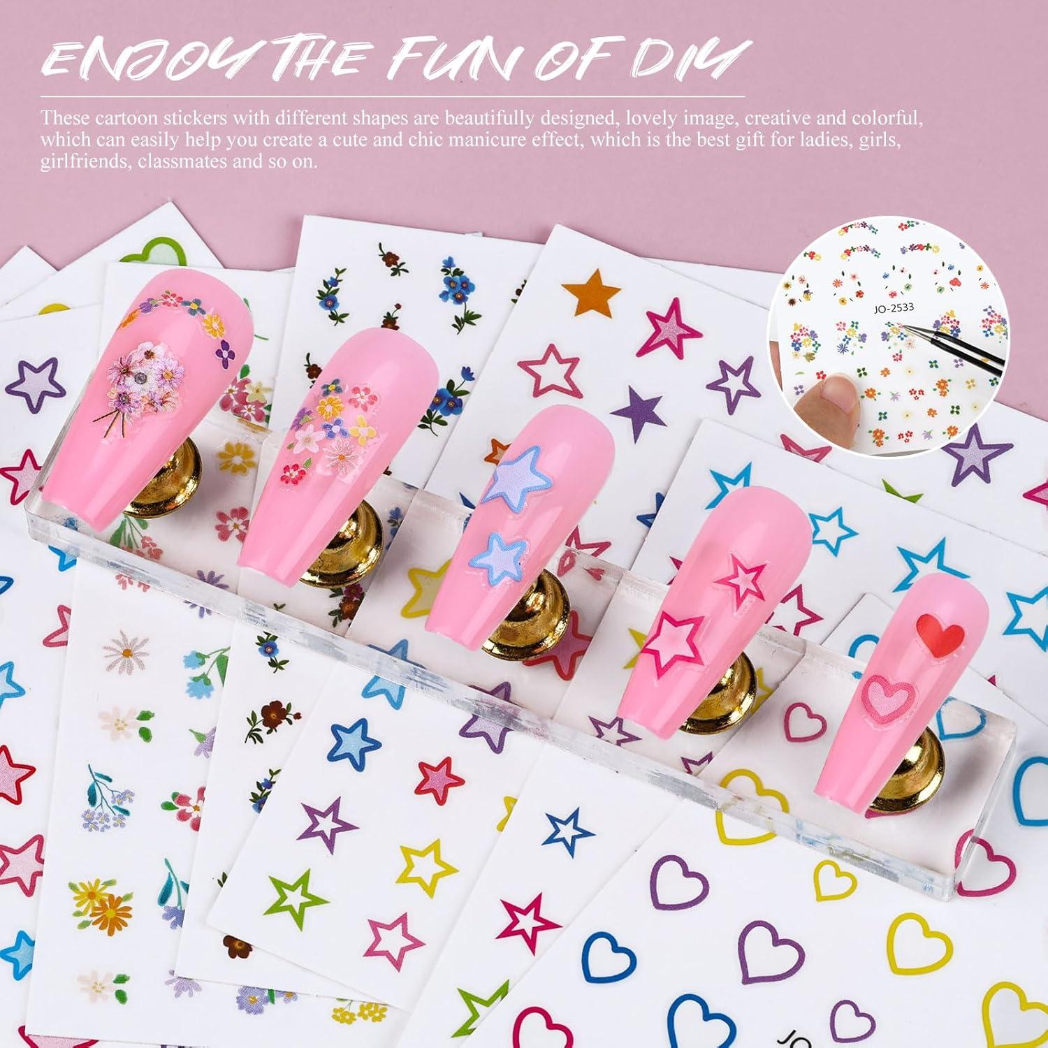 12 Hojas de Pegatinas de Uñas Kikonoke Florales y Kawaii