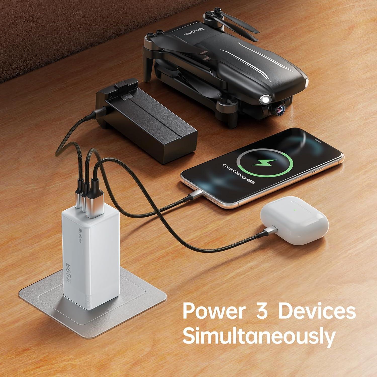 Cargador USB C Bwine 65W GaN 3 Puertos Blanco