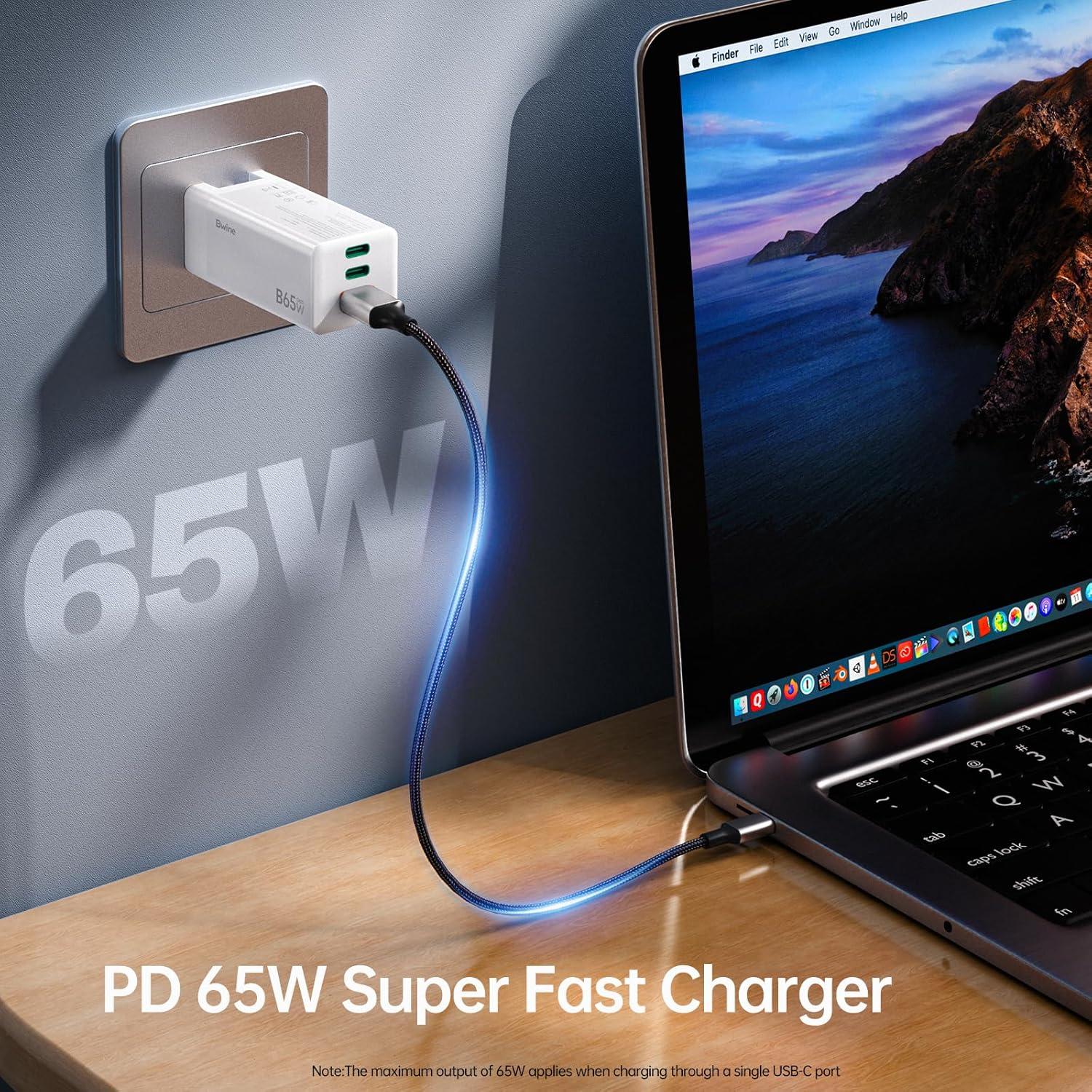 Cargador USB C Bwine 65W GaN 3 Puertos Blanco