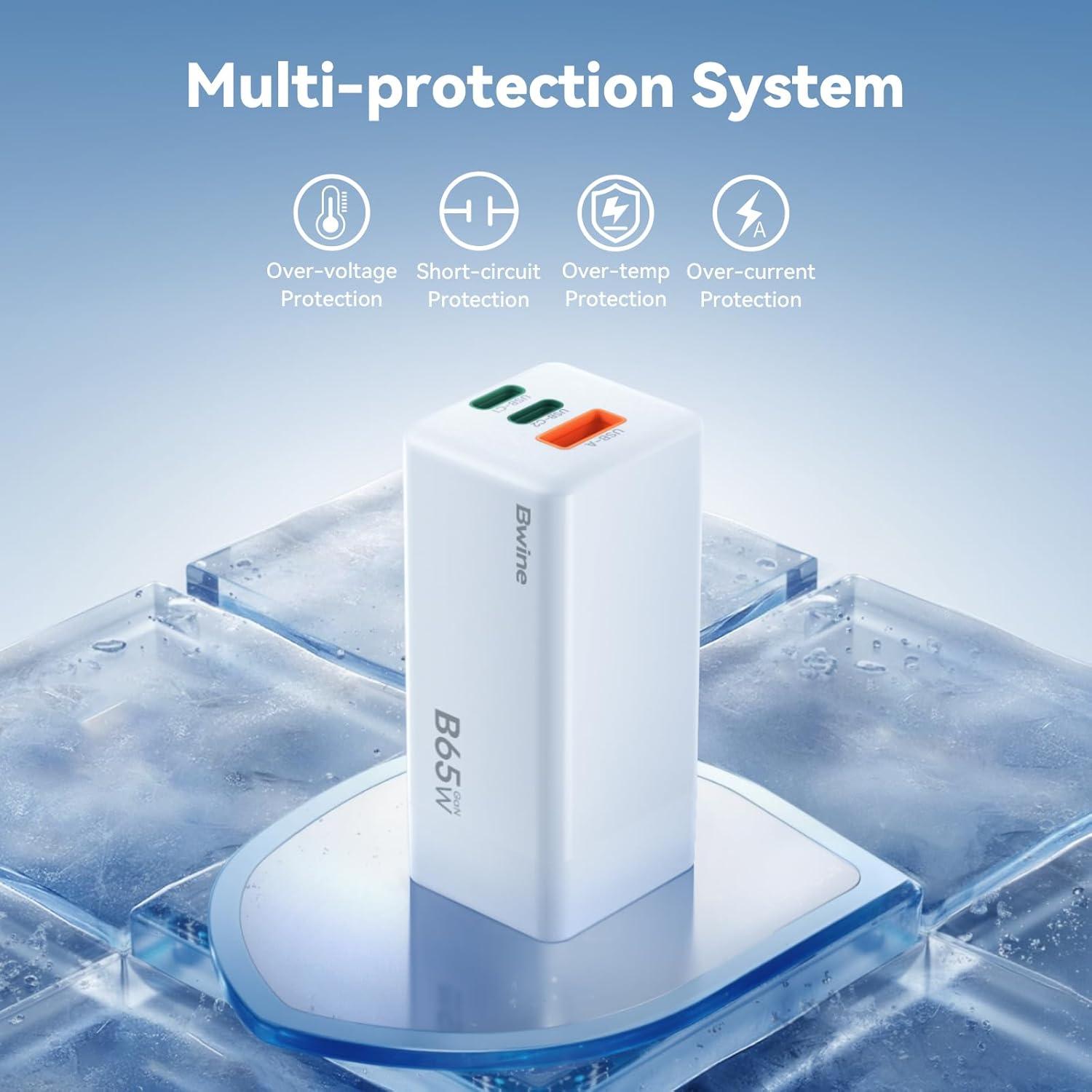 Cargador USB C Bwine 65W GaN 3 Puertos Blanco