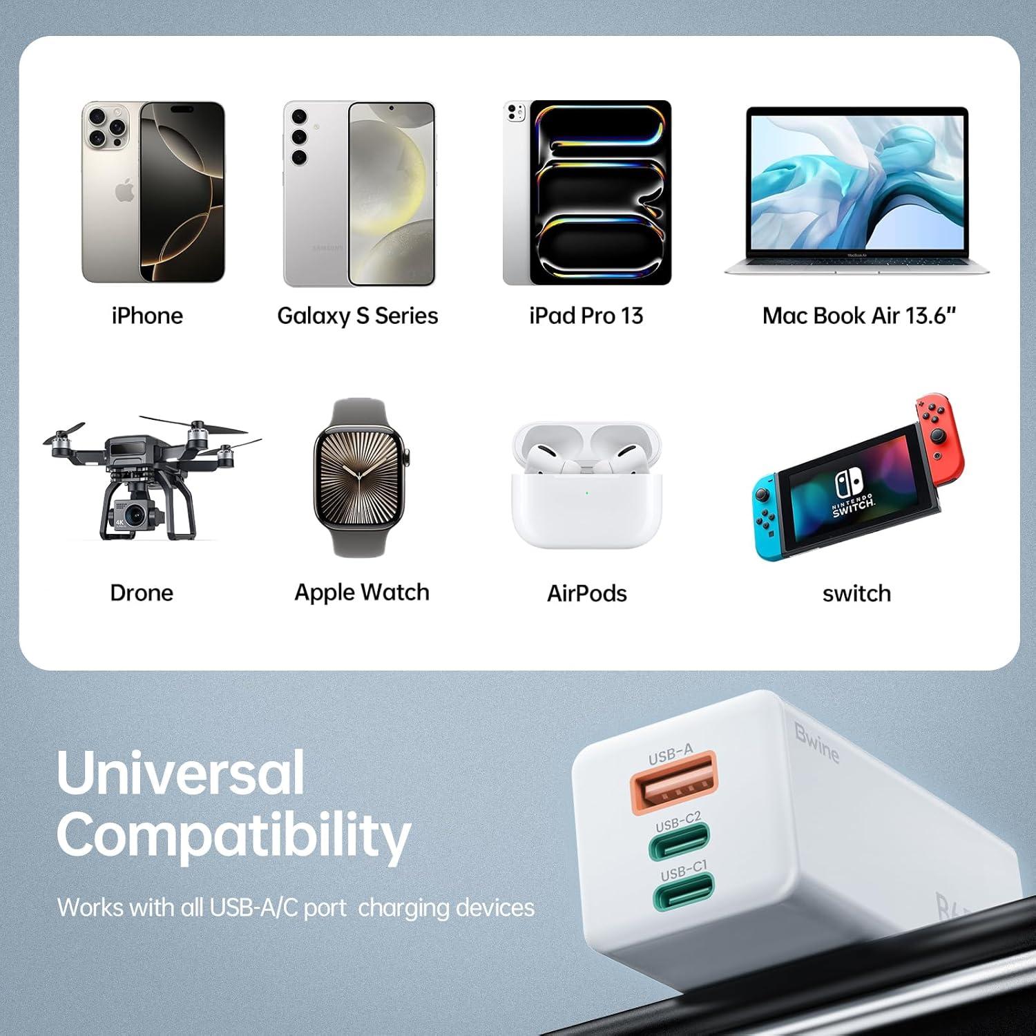 Cargador USB C Bwine 65W GaN 3 Puertos Blanco