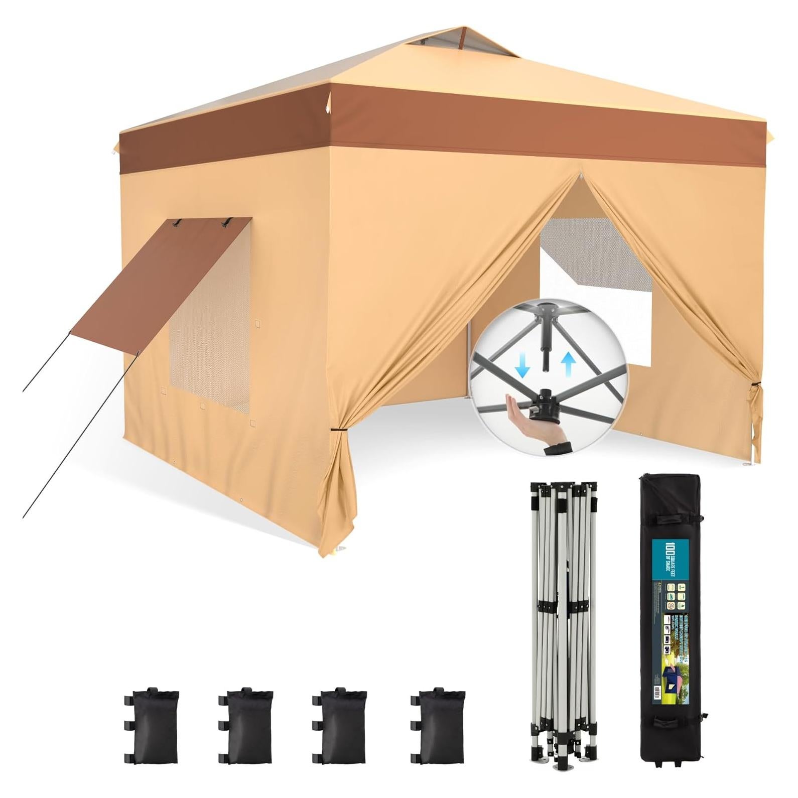Sophia & William Canopy Tent Pop Up 10x10 ft One Person Push Set Up Canopies with 4 Sidewalls, Outdoor Shelter Heavy Duty Straight Legs with 4 Sandbags & 1 Roller Bag, 8 Stakes & 4 Guy Ropes, UPF50+