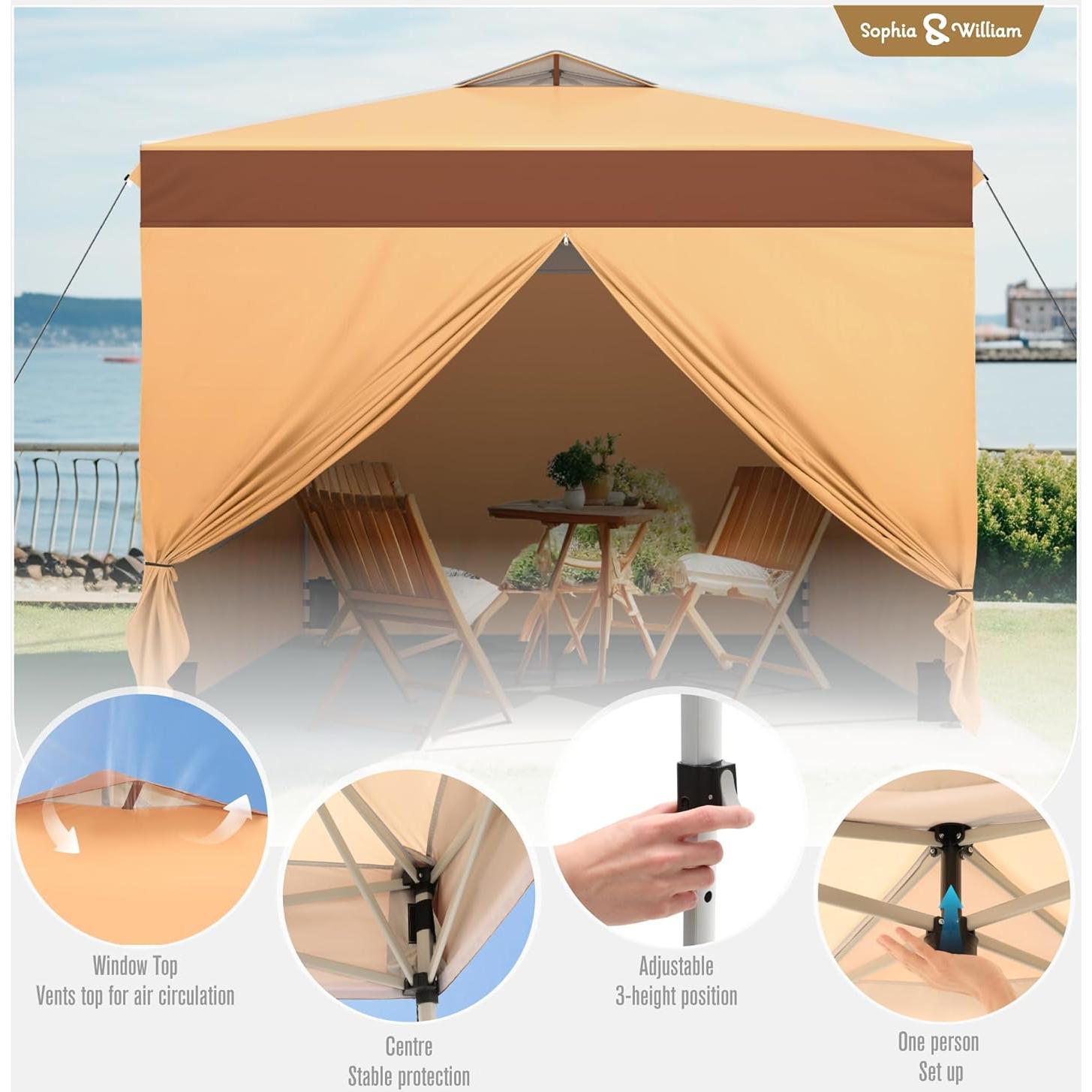 Sophia & William Canopy Tent Pop Up 10x10 ft One Person Push Set Up Canopies with 4 Sidewalls, Outdoor Shelter Heavy Duty Straight Legs with 4 Sandbags & 1 Roller Bag, 8 Stakes & 4 Guy Ropes, UPF50+