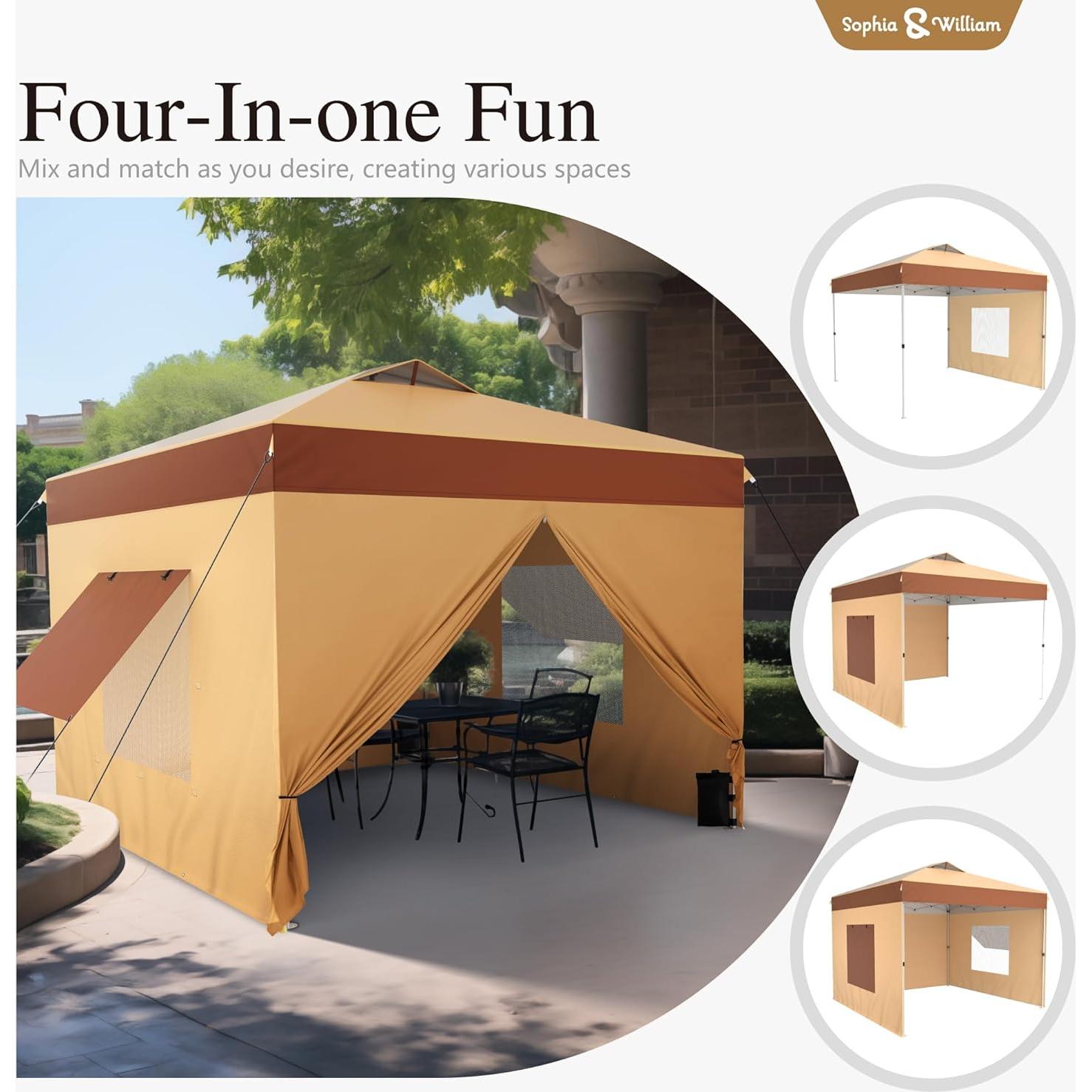 Sophia & William Canopy Tent Pop Up 10x10 ft One Person Push Set Up Canopies with 4 Sidewalls, Outdoor Shelter Heavy Duty Straight Legs with 4 Sandbags & 1 Roller Bag, 8 Stakes & 4 Guy Ropes, UPF50+