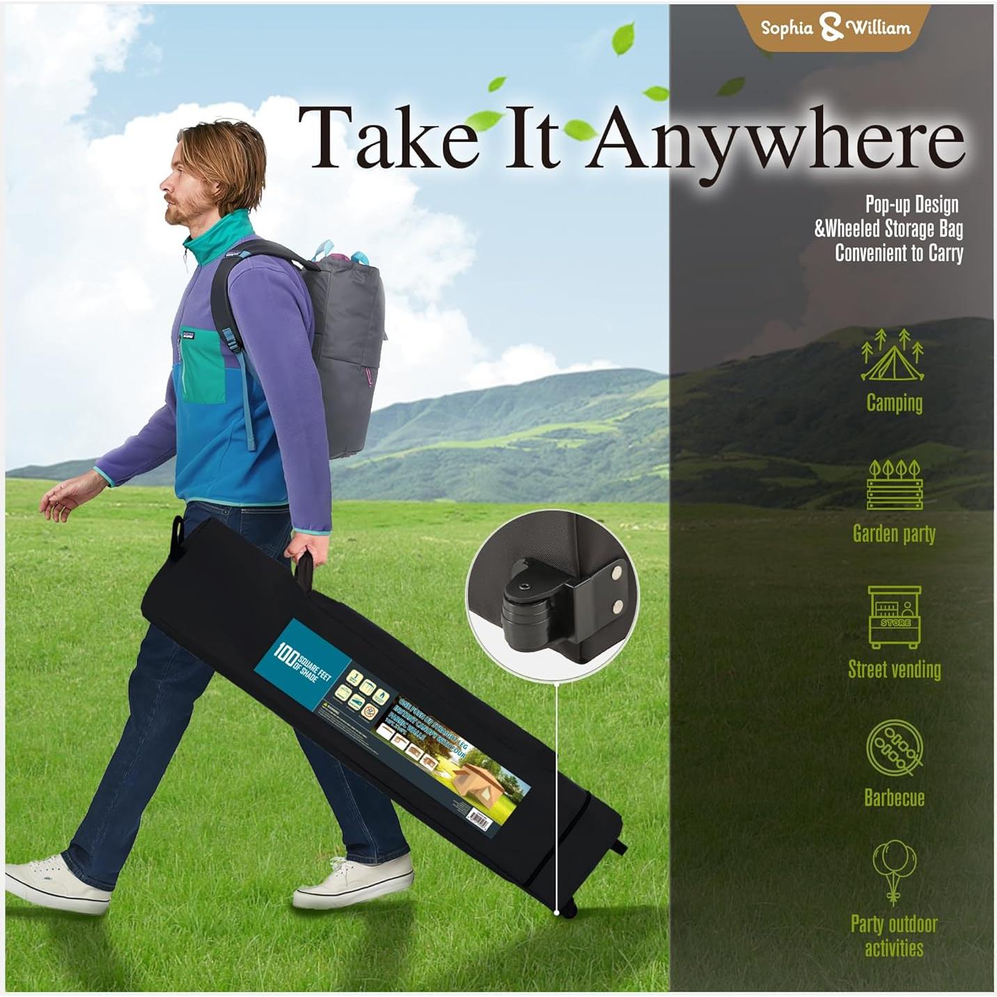 Sophia & William Canopy Tent Pop Up 10x10 ft One Person Push Set Up Canopies with 4 Sidewalls, Outdoor Shelter Heavy Duty Straight Legs with 4 Sandbags & 1 Roller Bag, 8 Stakes & 4 Guy Ropes, UPF50+