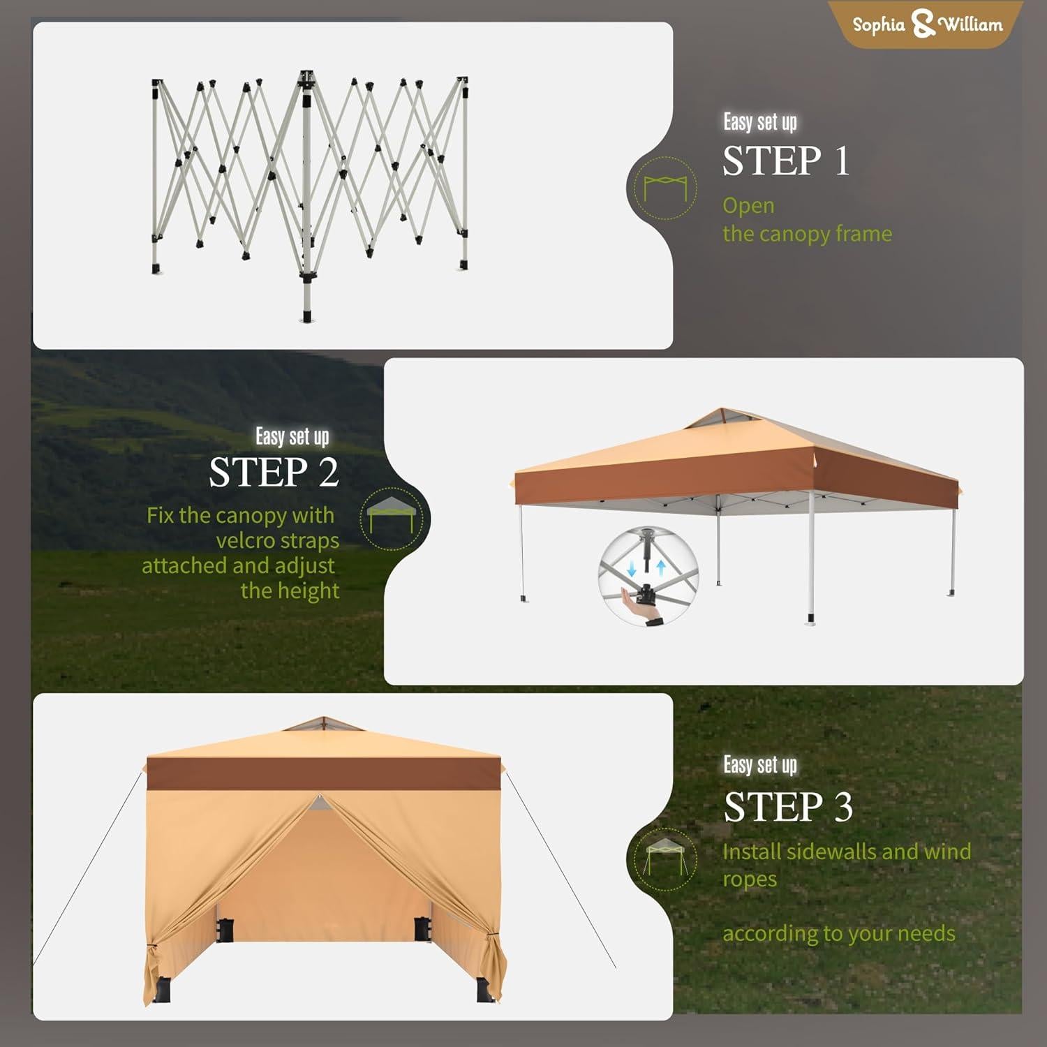 Sophia & William Canopy Tent Pop Up 10x10 ft One Person Push Set Up Canopies with 4 Sidewalls, Outdoor Shelter Heavy Duty Straight Legs with 4 Sandbags & 1 Roller Bag, 8 Stakes & 4 Guy Ropes, UPF50+
