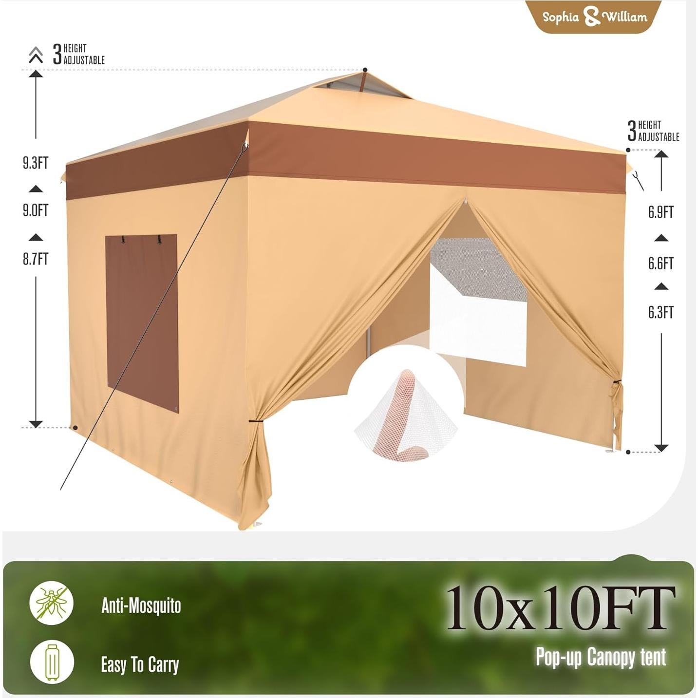 Sophia & William Canopy Tent Pop Up 10x10 ft One Person Push Set Up Canopies with 4 Sidewalls, Outdoor Shelter Heavy Duty Straight Legs with 4 Sandbags & 1 Roller Bag, 8 Stakes & 4 Guy Ropes, UPF50+