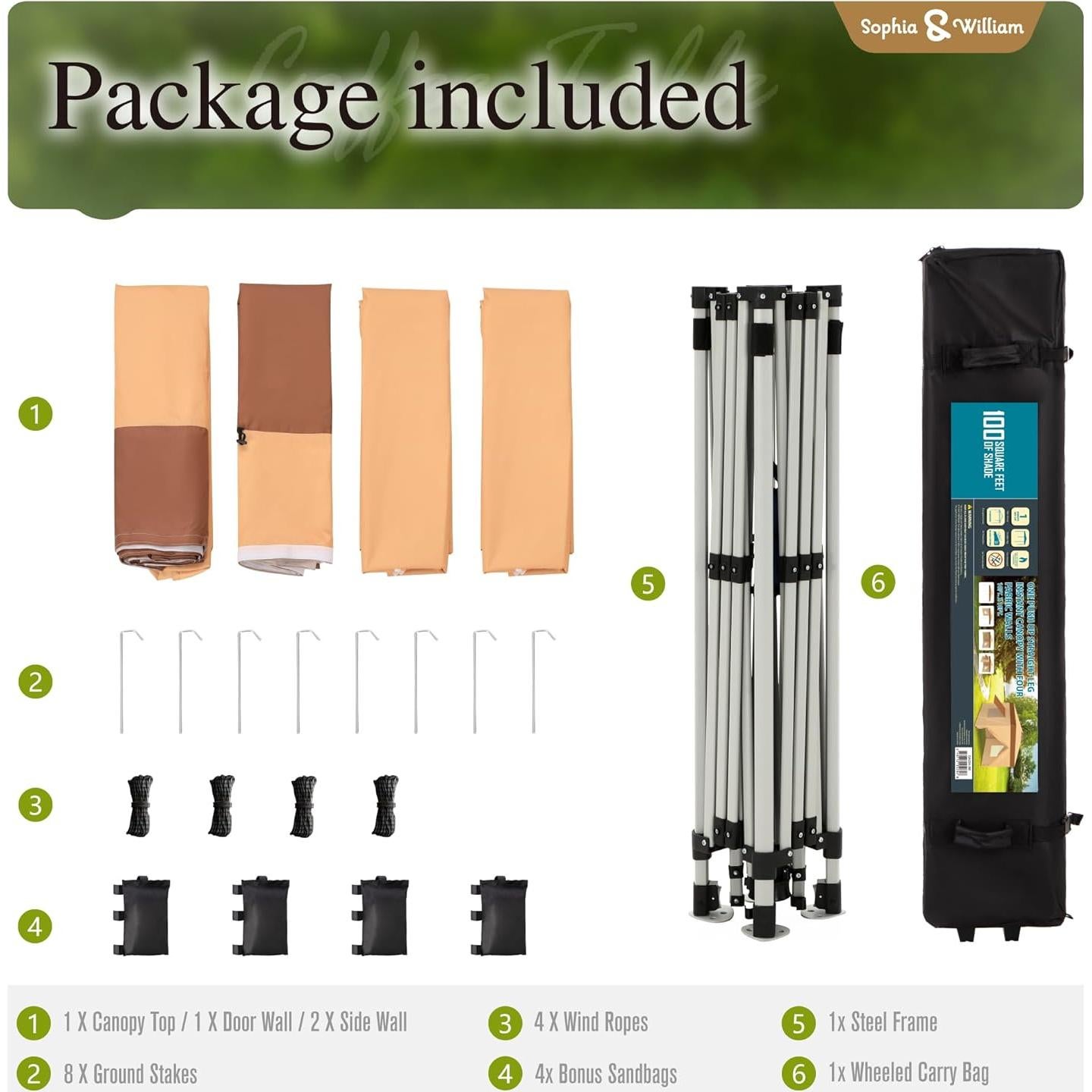 Sophia & William Canopy Tent Pop Up 10x10 ft One Person Push Set Up Canopies with 4 Sidewalls, Outdoor Shelter Heavy Duty Straight Legs with 4 Sandbags & 1 Roller Bag, 8 Stakes & 4 Guy Ropes, UPF50+