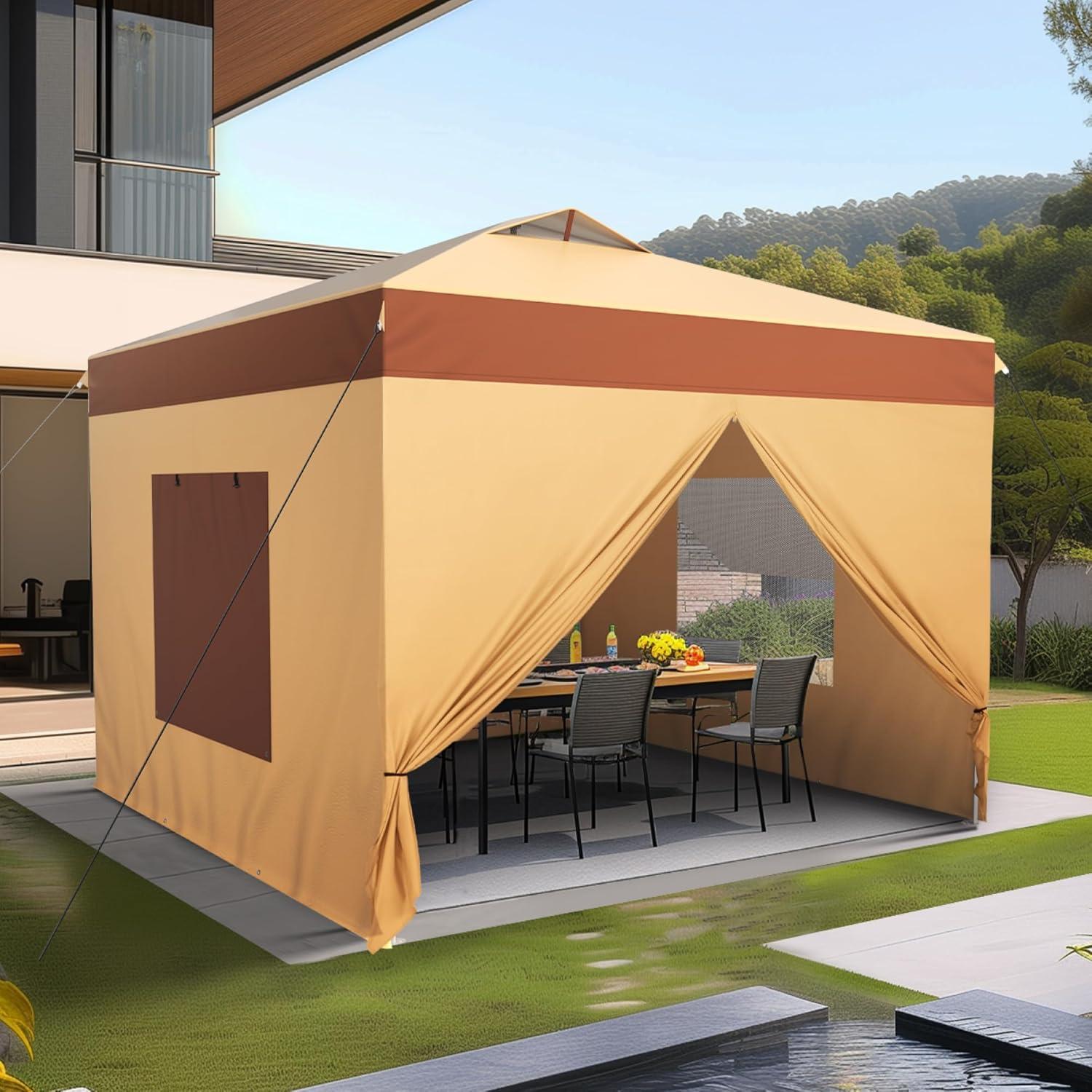 Sophia & William Canopy Tent Pop Up 10x10 ft One Person Push Set Up Canopies with 4 Sidewalls, Outdoor Shelter Heavy Duty Straight Legs with 4 Sandbags & 1 Roller Bag, 8 Stakes & 4 Guy Ropes, UPF50+