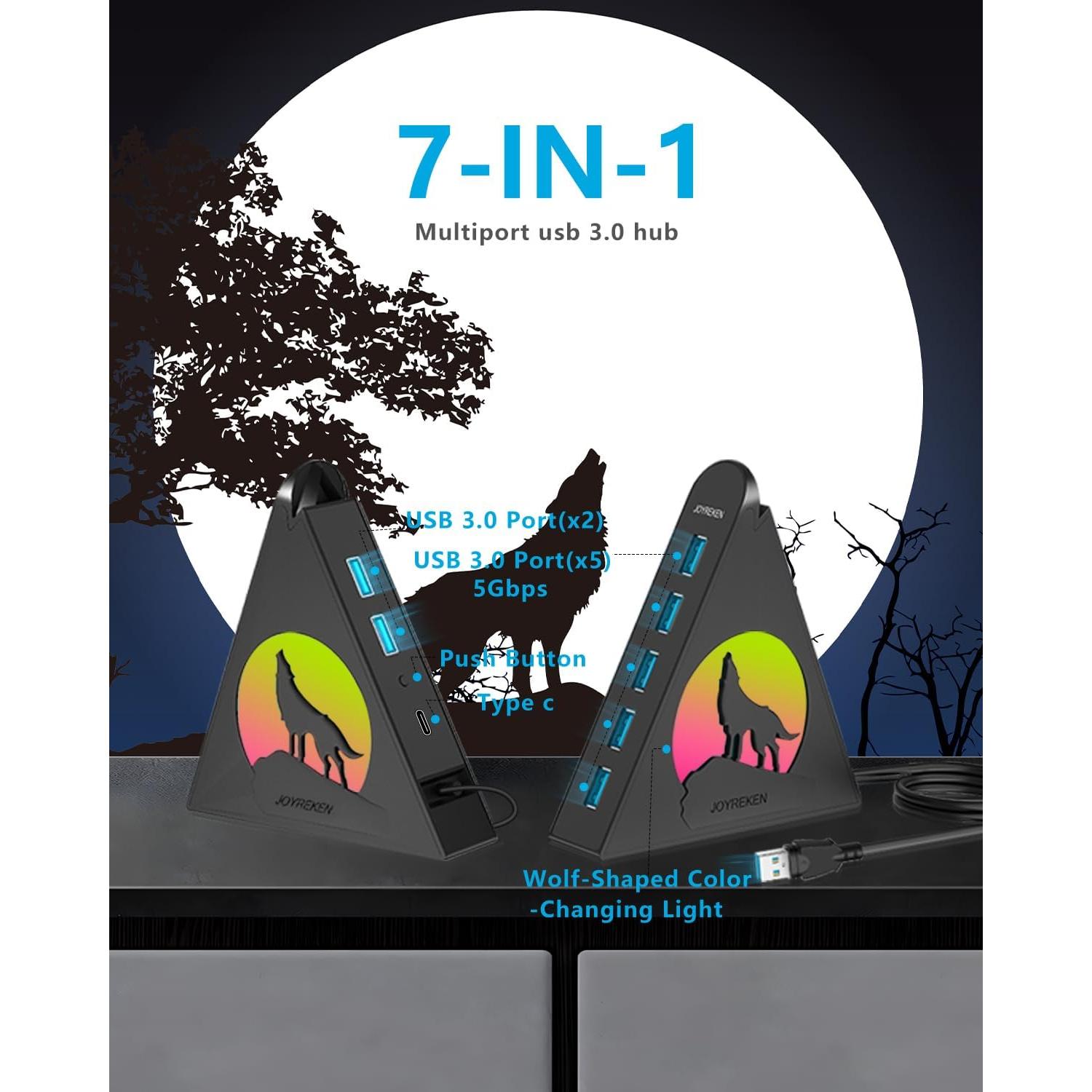 Hub USB 3.0 JoyReken de 7 Puertos Vertical con RGB 0.61m