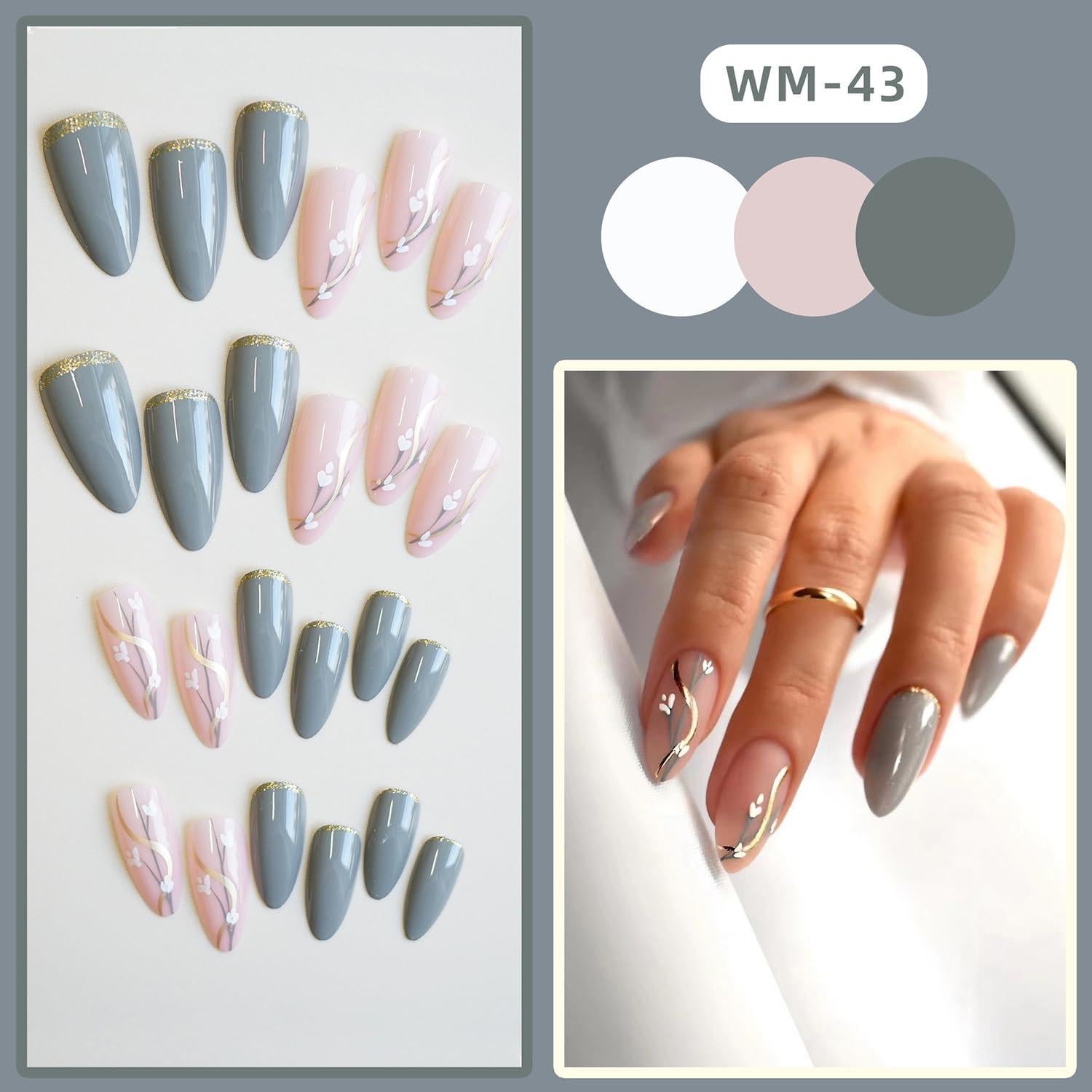 Uñas Postizas Vezocim Almendra Media Grises 24 Piezas