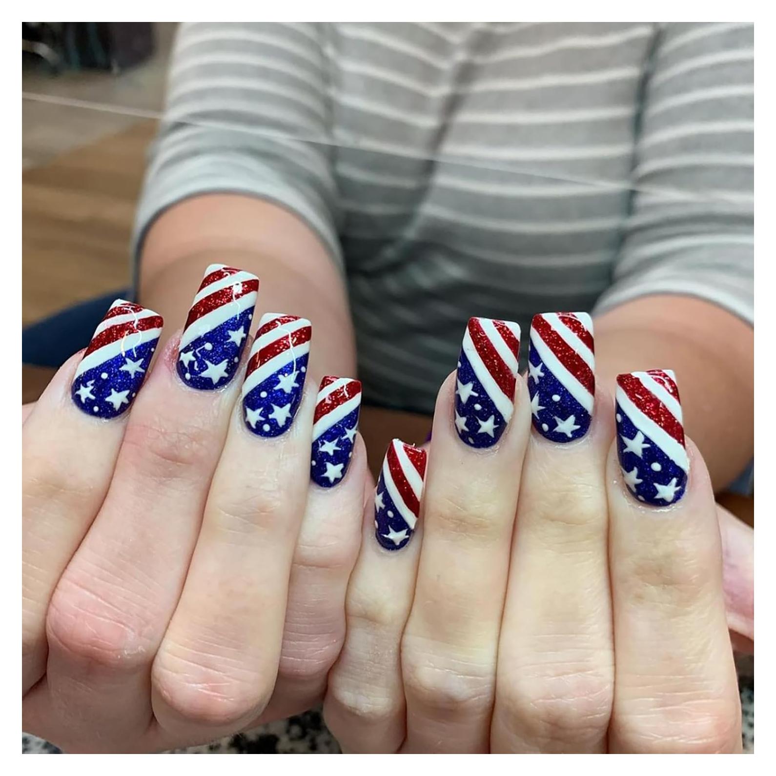 Uñas Postizas del 4 de Julio MABKJLF 24 Pcs Brillantes