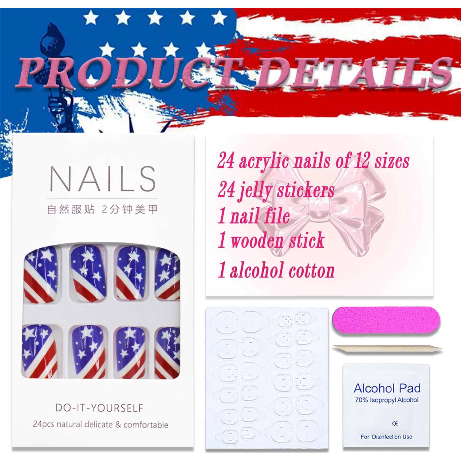 Uñas Postizas del 4 de Julio MABKJLF 24 Pcs Brillantes