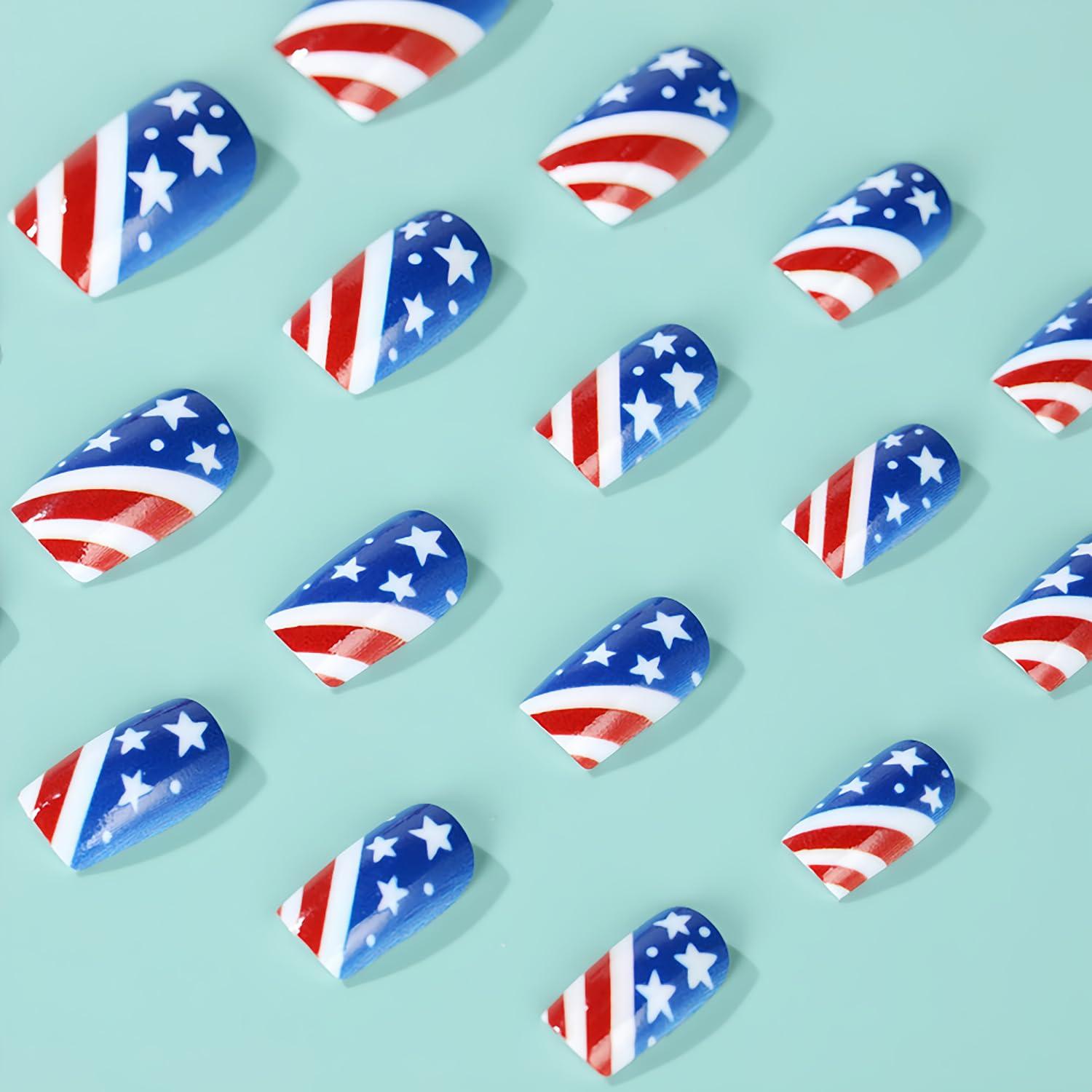 Uñas Postizas del 4 de Julio MABKJLF 24 Pcs Brillantes