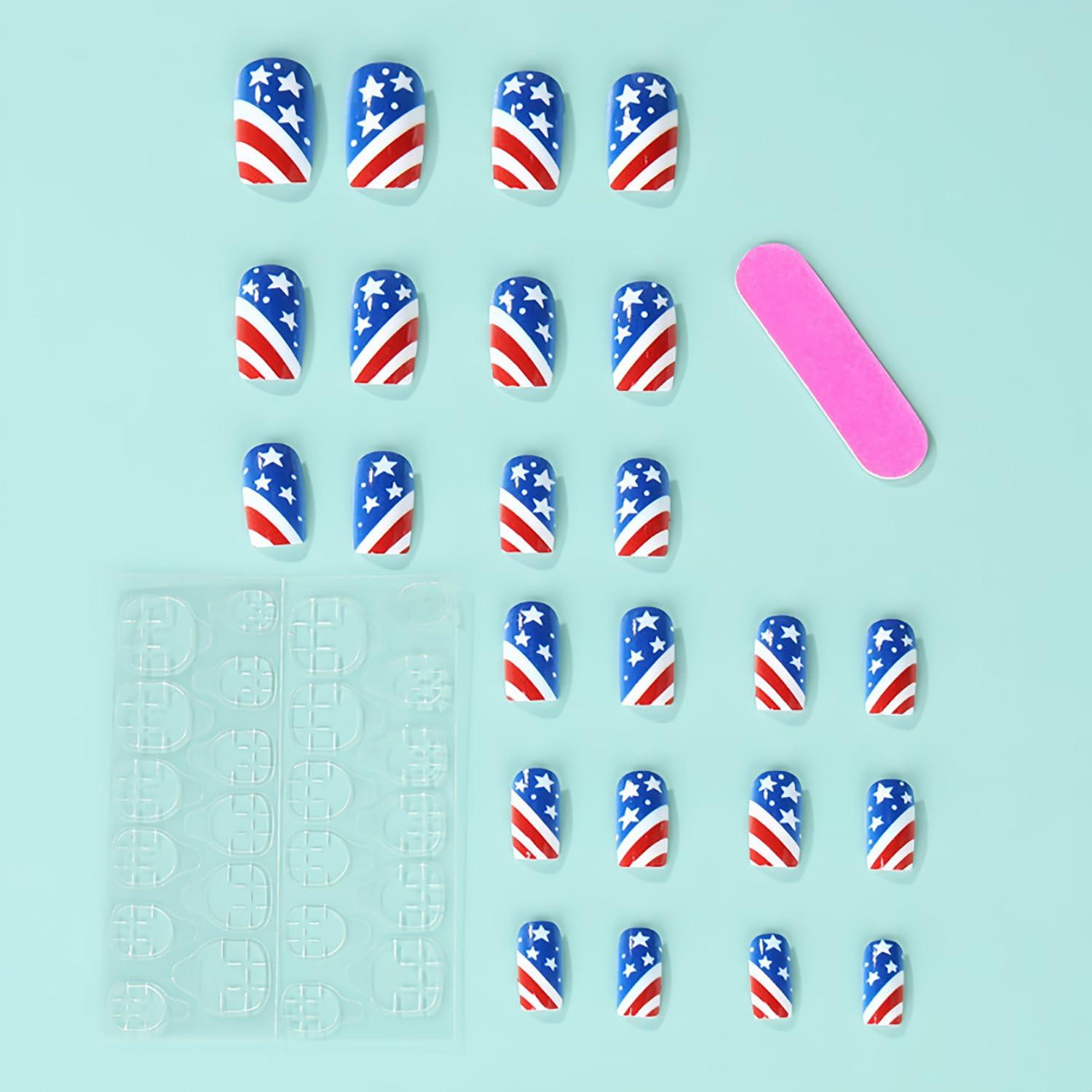 Uñas Postizas del 4 de Julio MABKJLF 24 Pcs Brillantes