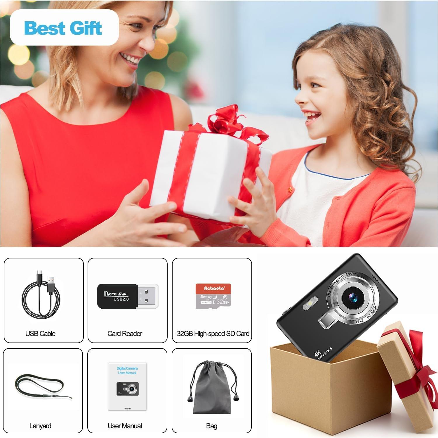 Cámara Digital Acbaeta Q12 Pro 50MP 4K Compacta con Zoom 16x