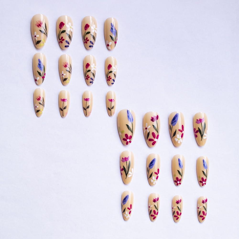 Uñas Postizas Almendras MinFeel 24 Pcs Diseño Floral
