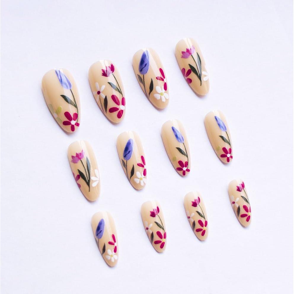 Uñas Postizas Almendras MinFeel 24 Pcs Diseño Floral