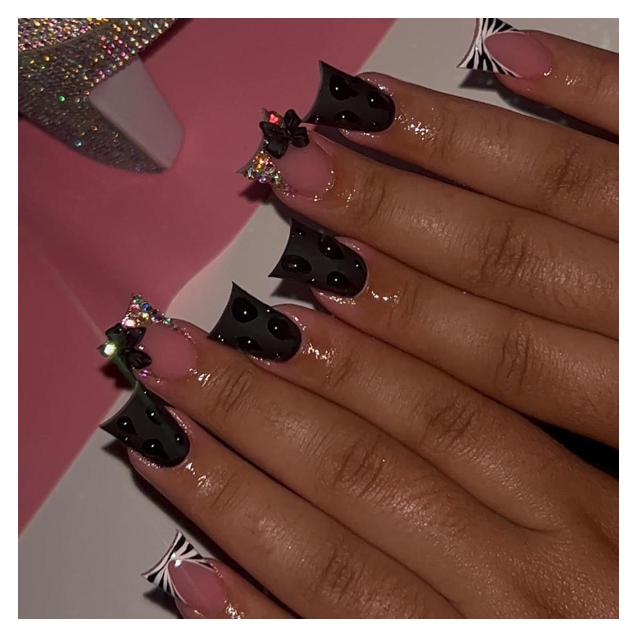 24 Uñas Postizas Cortas Cuadradas YEFIUO con Diseño Lazo