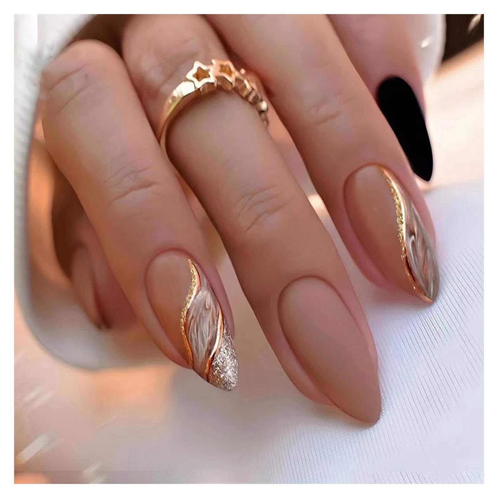 24 Uñas Postizas Almendra AROVFAM Brillo Marrón y Dorado