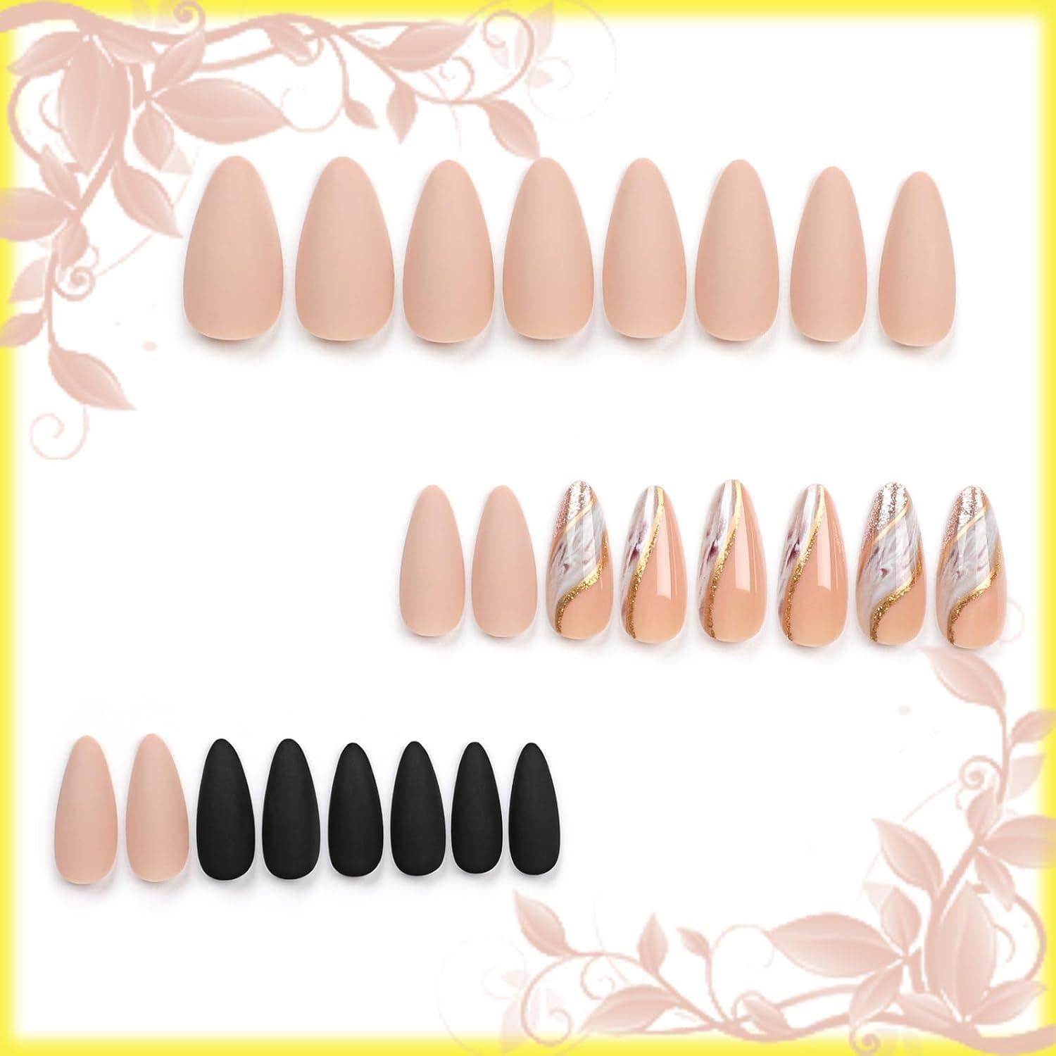 24 Uñas Postizas Almendra AROVFAM Brillo Marrón y Dorado