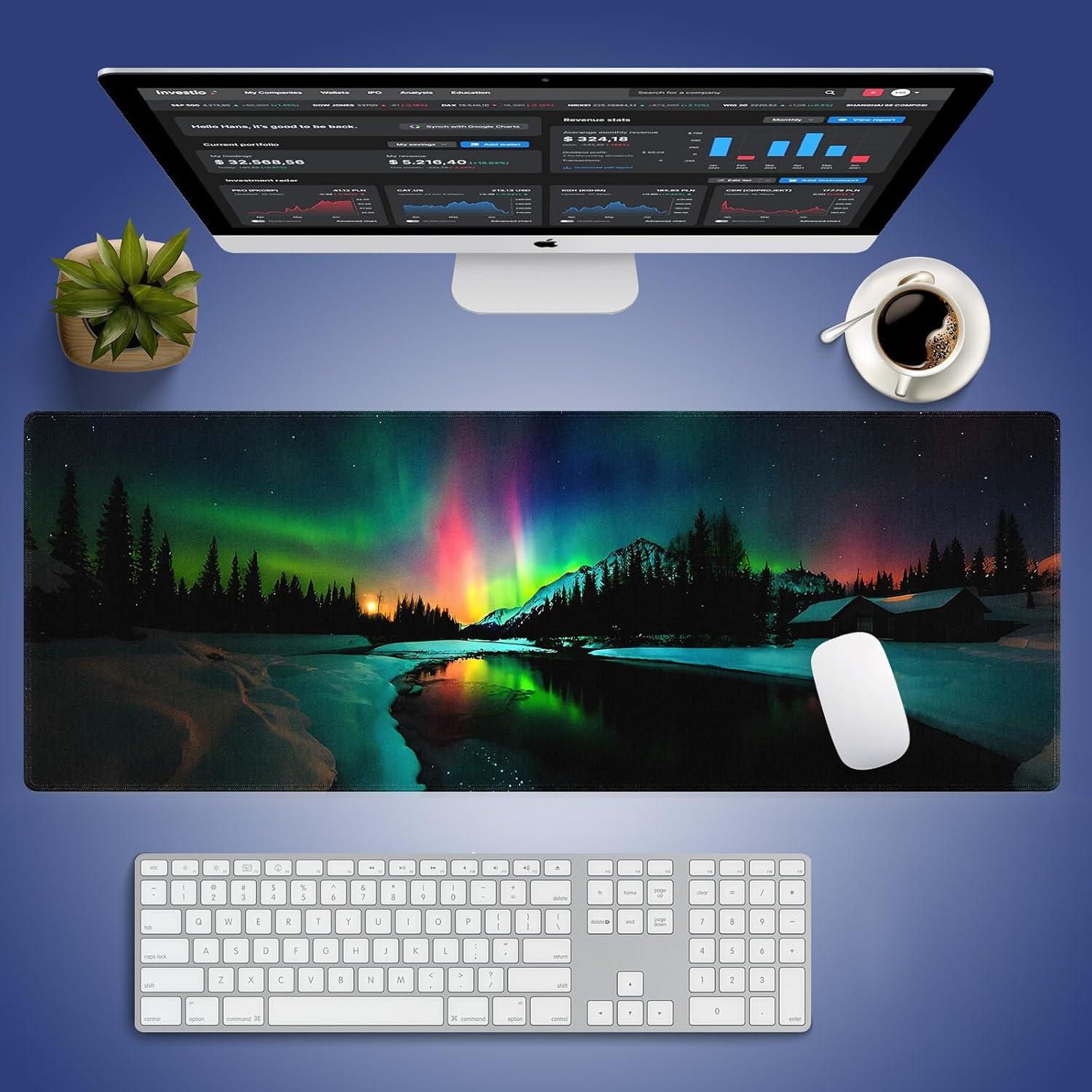 Alfombrilla de Juego y Oficina Wknoon XXL 80x30cm Aurora Boreal