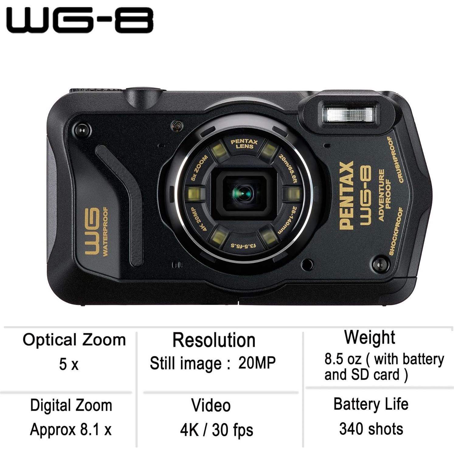 Cámara de Aventura PENTAX WG-8 Negra Impermeable 20MP 4K