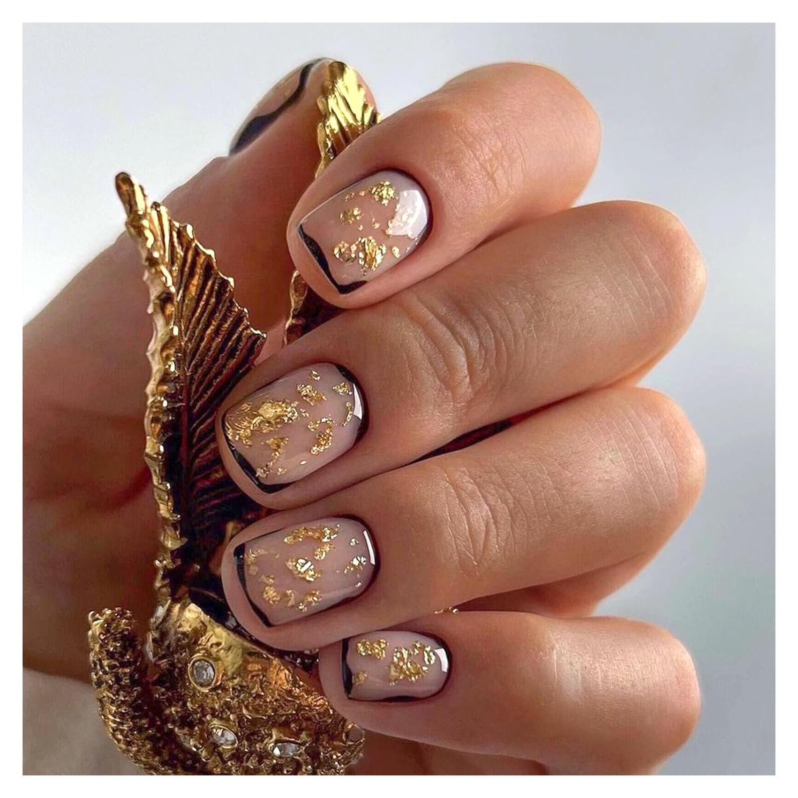 Uñas Postizas Cortas TUZANDW Borde Negro Hoja de Oro 24 Pcs