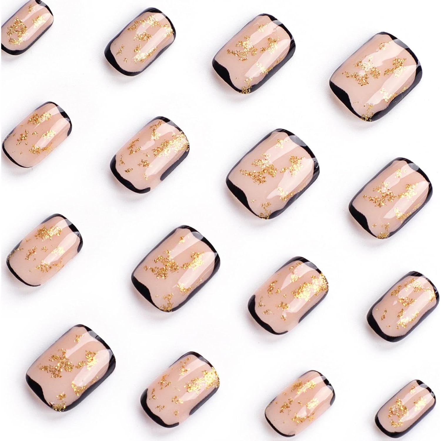 Uñas Postizas Cortas TUZANDW Borde Negro Hoja de Oro 24 Pcs